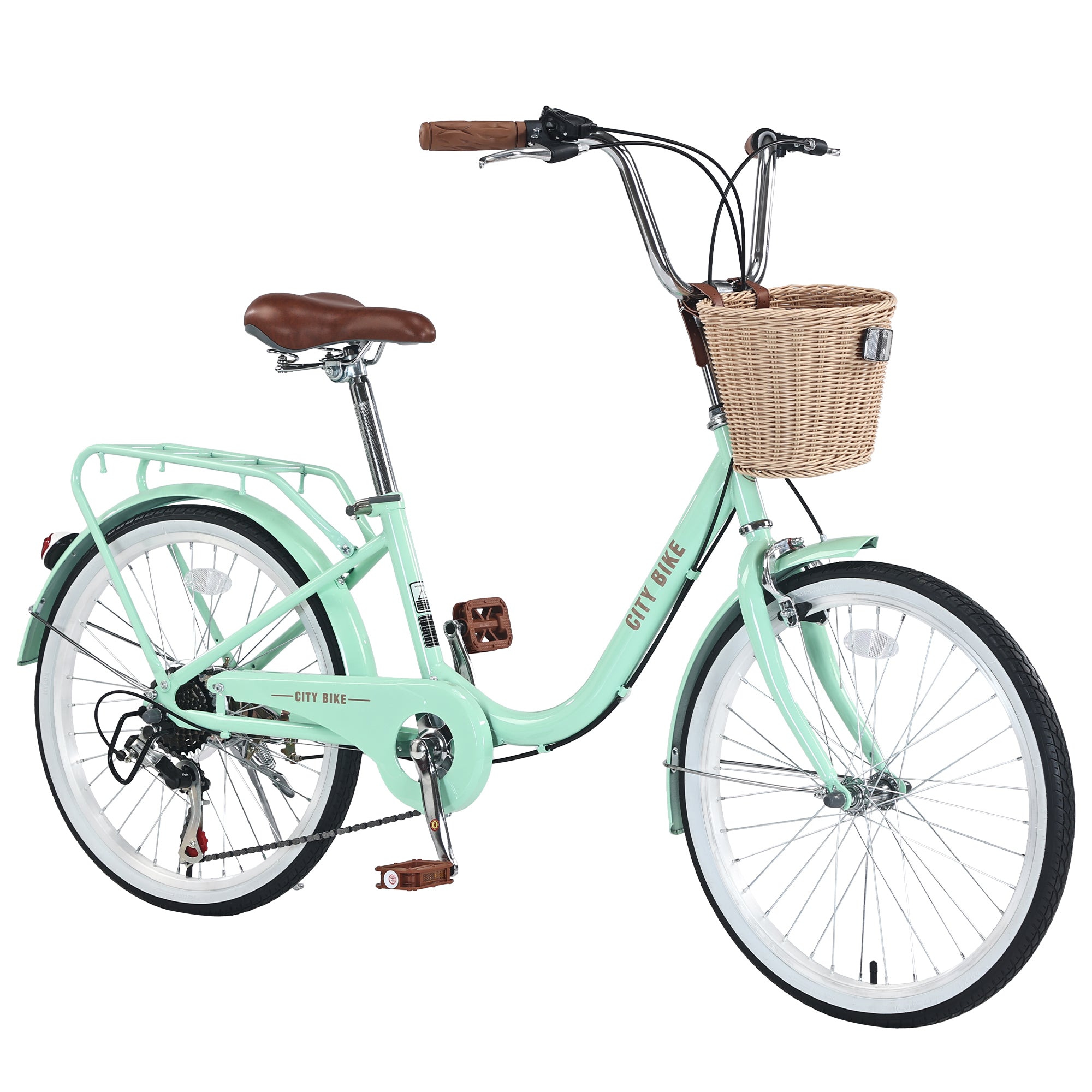 Gundir 22 Inch Girls City Bike with Basket, 7-Speed Steel Frame, Green