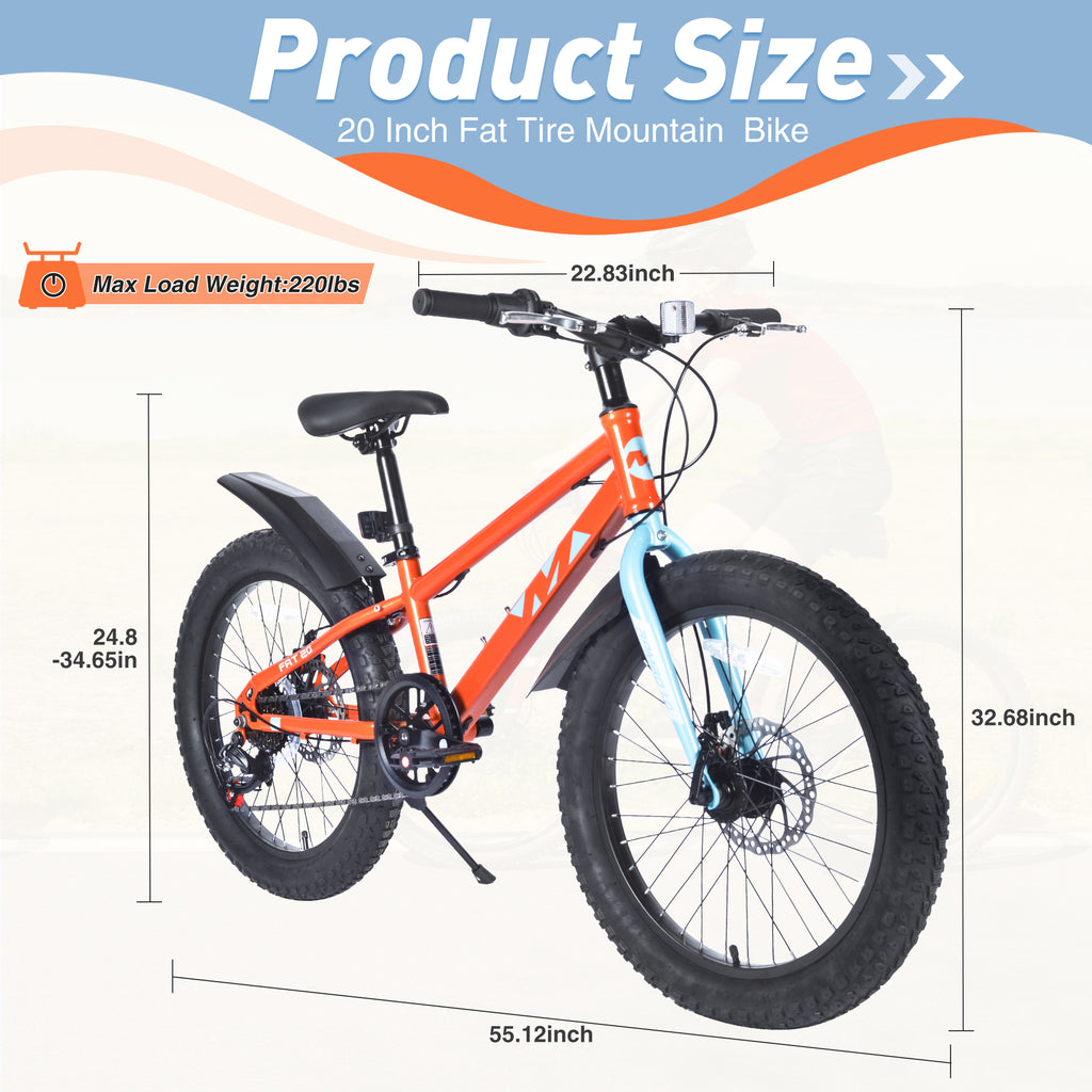 Gundir 20 Inch Kids Mountain Bike with Fat Tires, Shimano 7-Speed & Disc Brakes for Boys Girls 5+, Orange