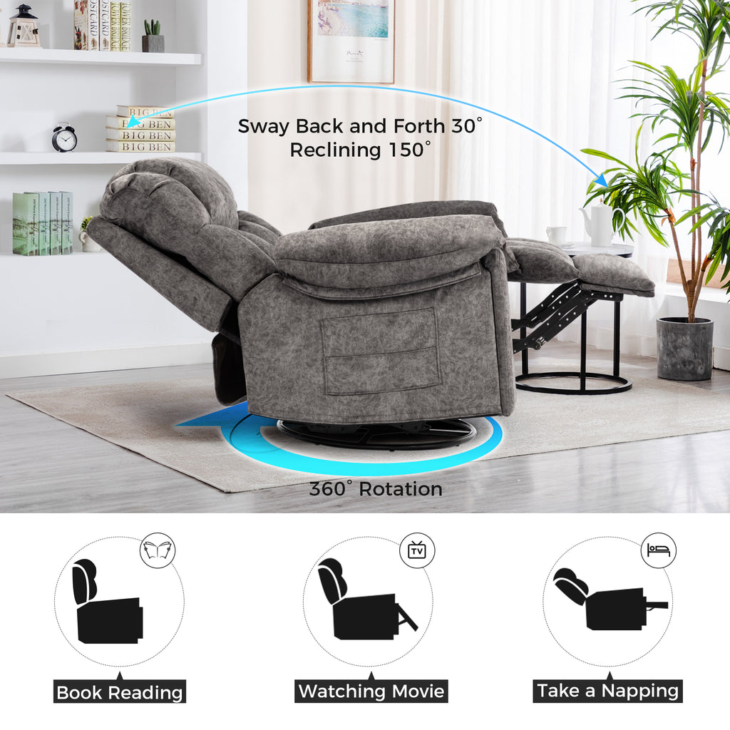 Gundir Massage Recliner Chair with Heat, Swivel Rocking Recliner, 360° Swivel, 8-Point Massage & Lumbar Heating, USB Charging, Grey