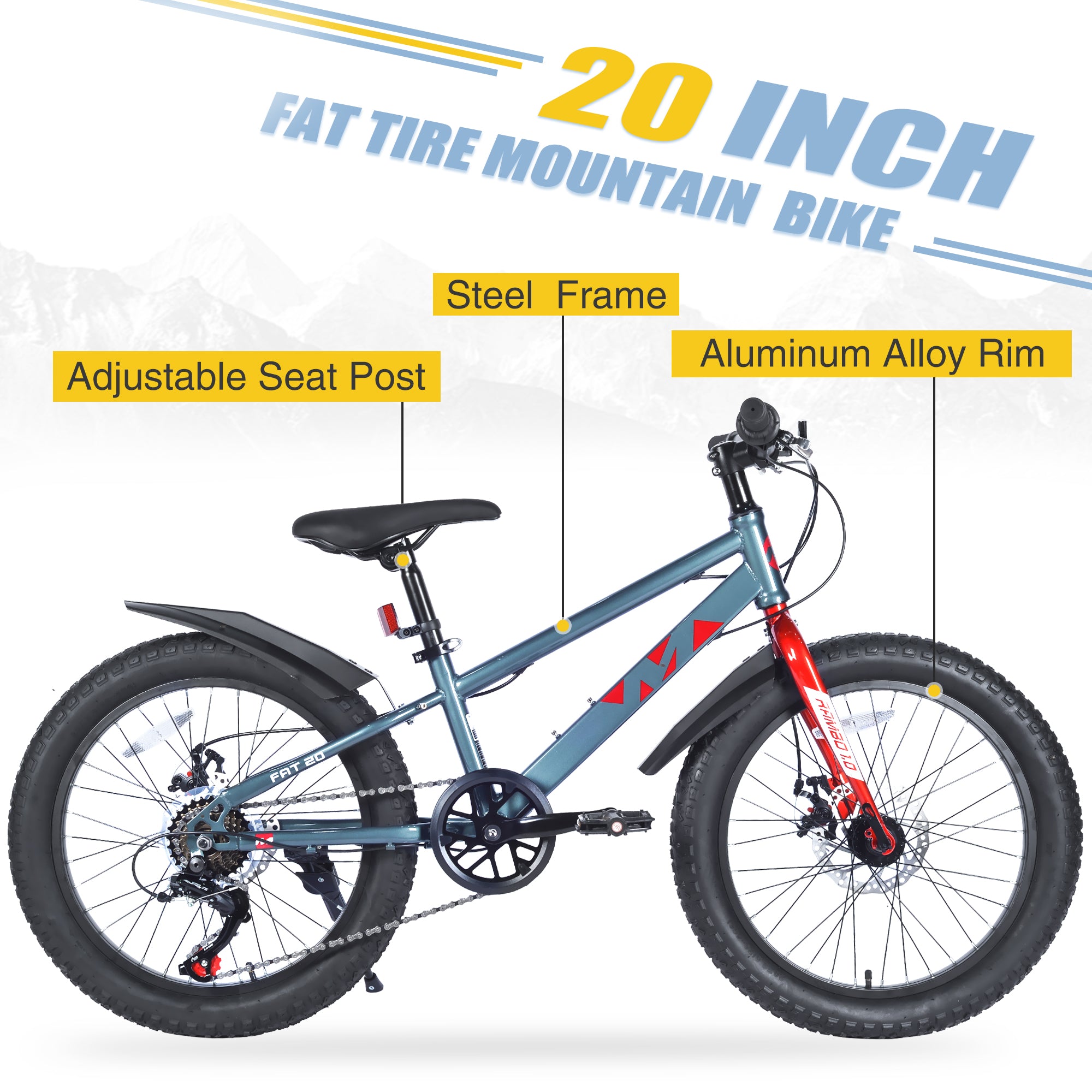 Gundir 20 Inch Kids Mountain Bike with Fat Tires, Shimano 7-Speed & Disc Brakes for Boys Girls 5+, Gray