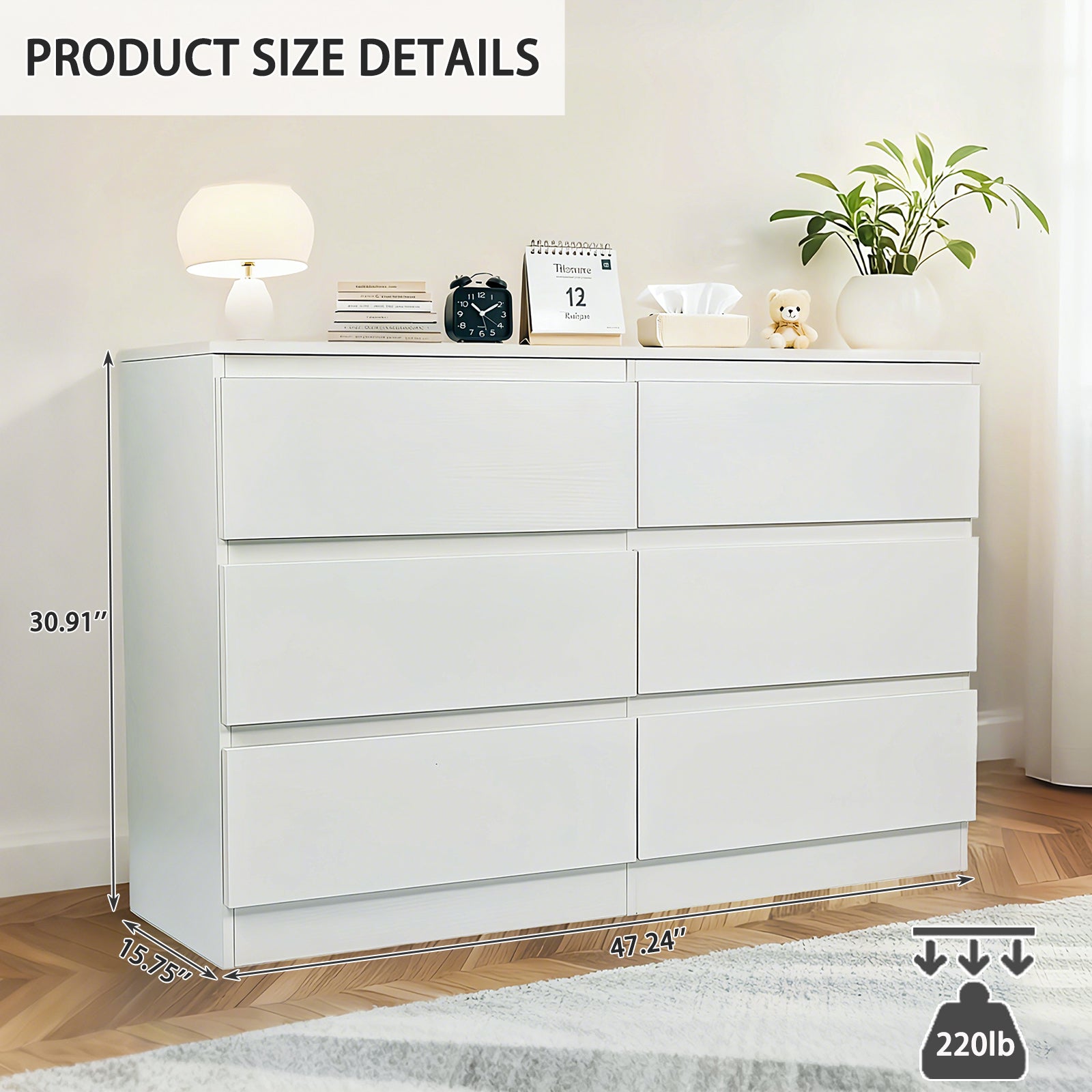 Gundir 6 Drawer White Dresser, Modern Wood Storage Cabinet with Spacious Countertop & Concealed Handles, for Bedroom, Living Room, Entryway, MDF, 47.2" W x 15.7" D x 30.9" H
