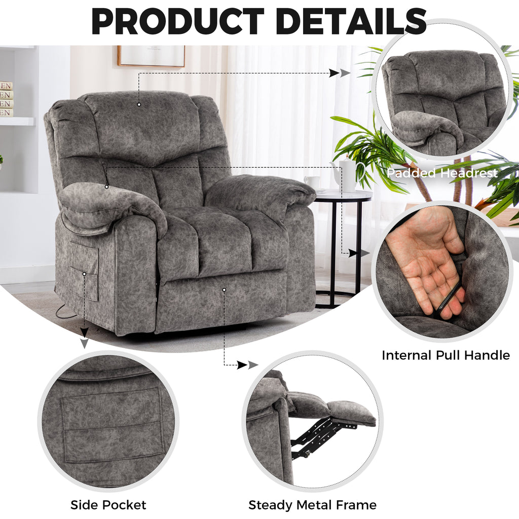 Gundir Massage Recliner Chair with Heat, Swivel Rocking Recliner, 360° Swivel, 8-Point Massage & Lumbar Heating, USB Charging, Grey