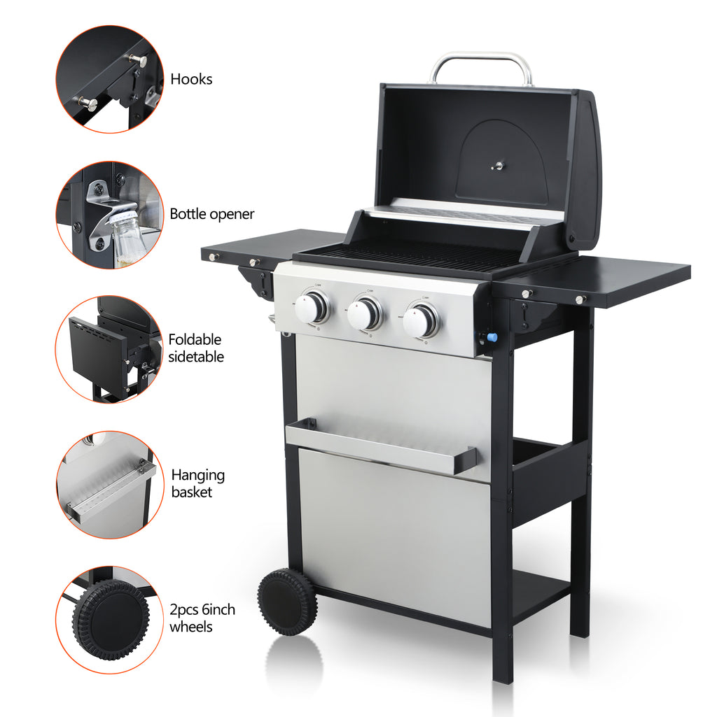 Gundir 3-Burner Propane Gas Grill, 25650 BTU Outdoor BBQ Grill with Foldable Side Table, Wheels, Stainless Steel Thermometer & Warming Rack for Backyard, Patio, Camping