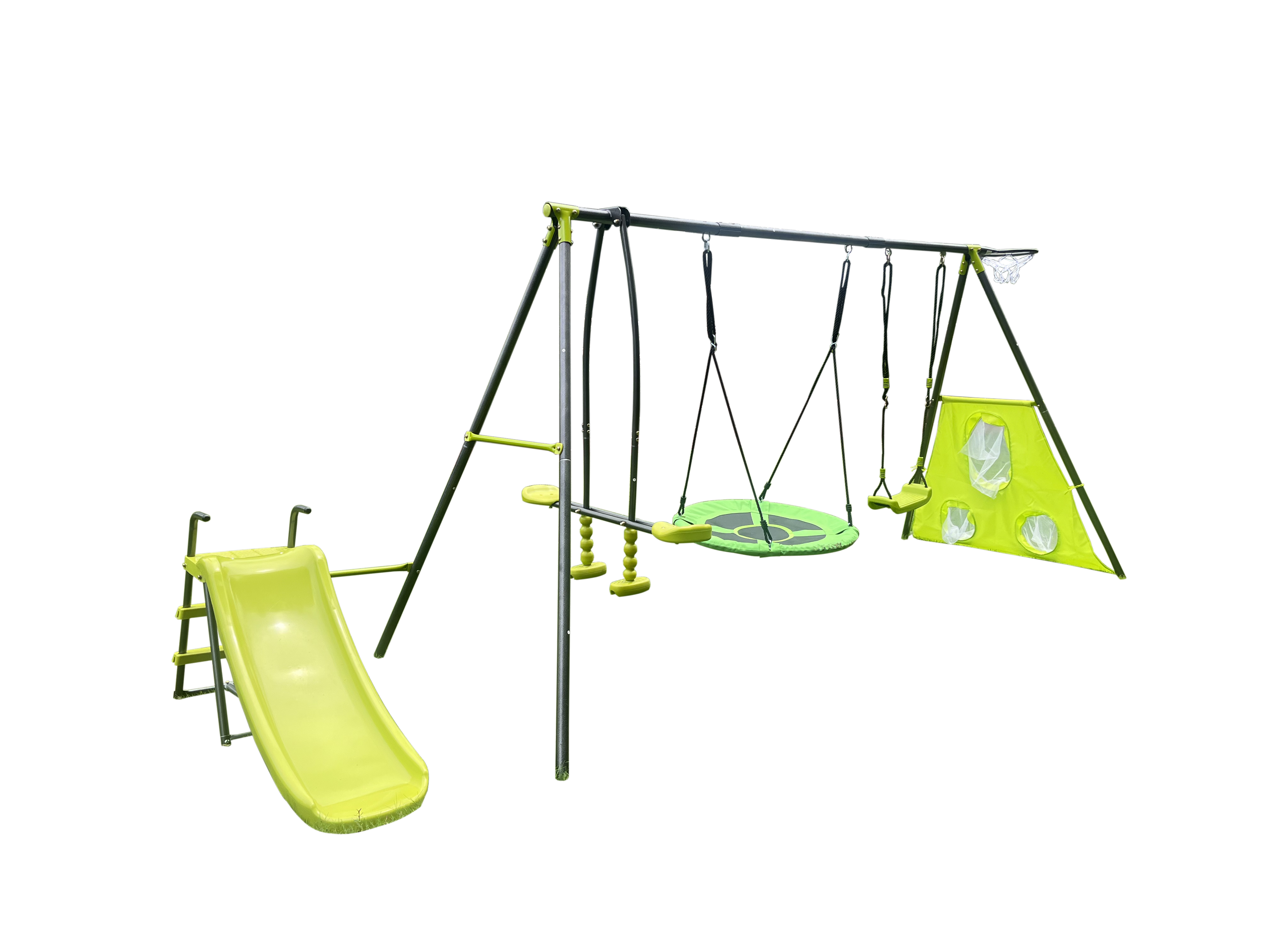 Gundir 6-Function Swing Set with Saucer Swing & Slide, Outdoor Metal/Plastic Playset for Kids 3+, 440lbs Capacity, Green