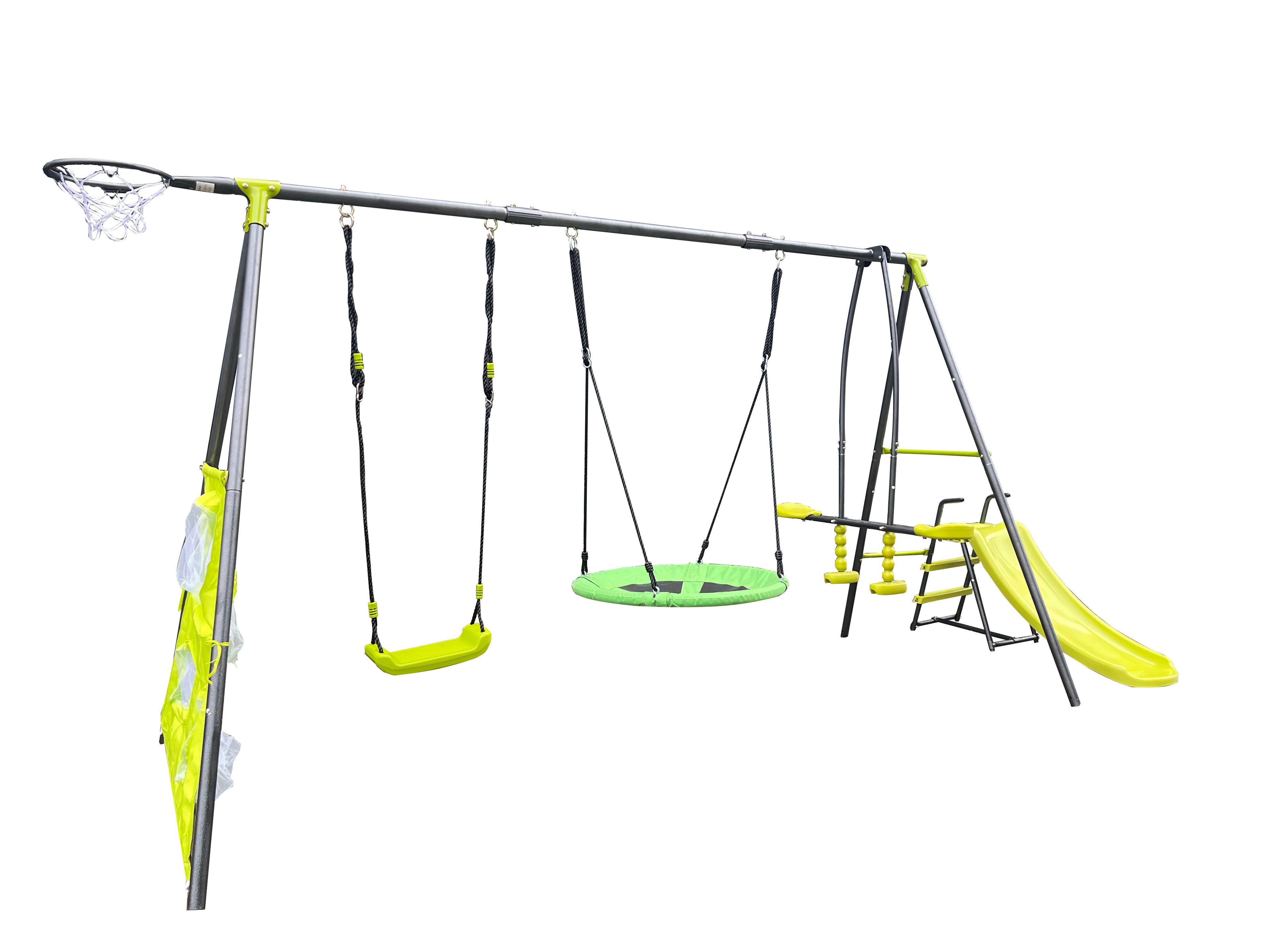 Gundir 6-Function Swing Set with Saucer Swing & Slide, Outdoor Metal/Plastic Playset for Kids 3+, 440lbs Capacity, Green