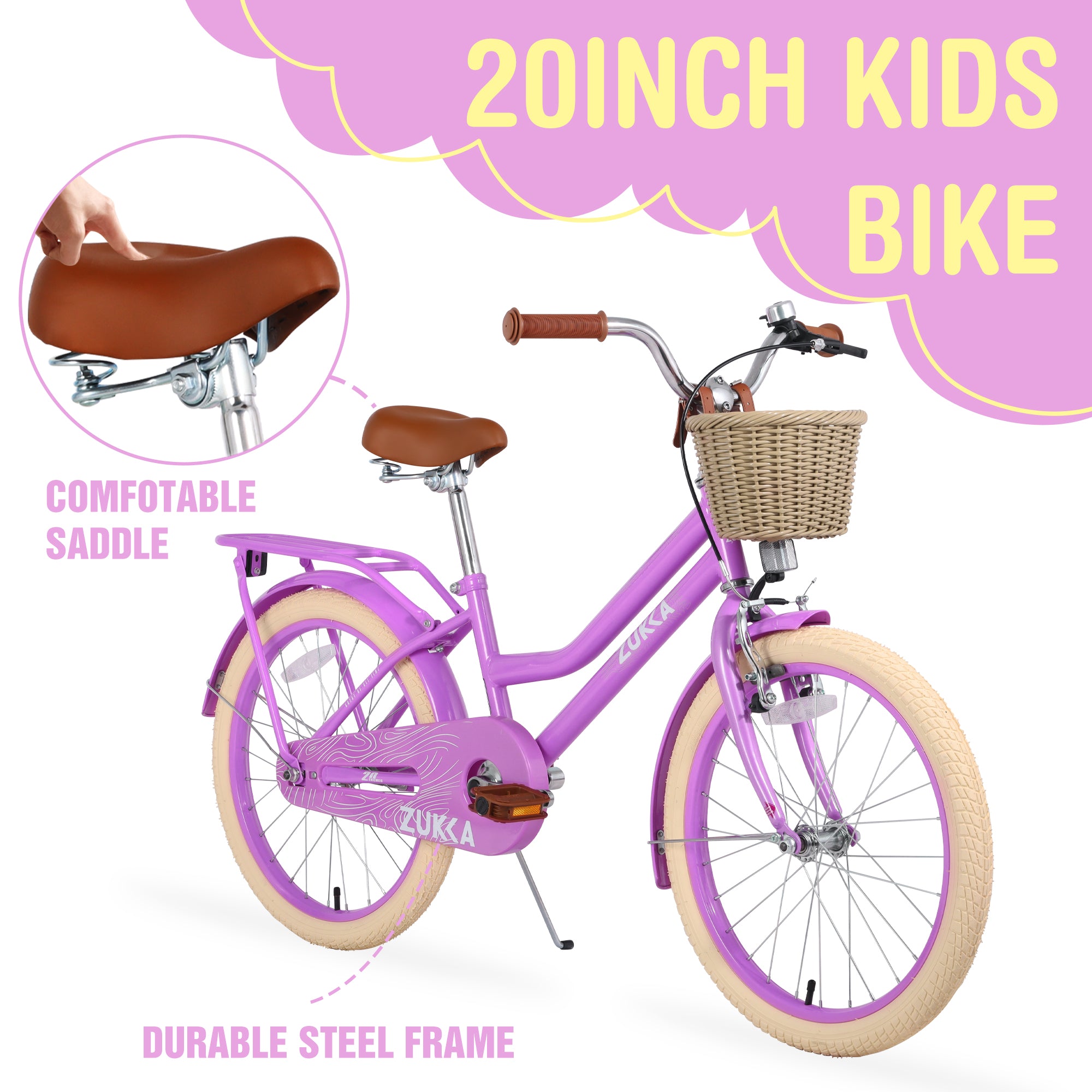 Gundir 20 inch Bicycles with Basket V-Brakes for Girls Adult Women,No Training Wheels Included, Purple