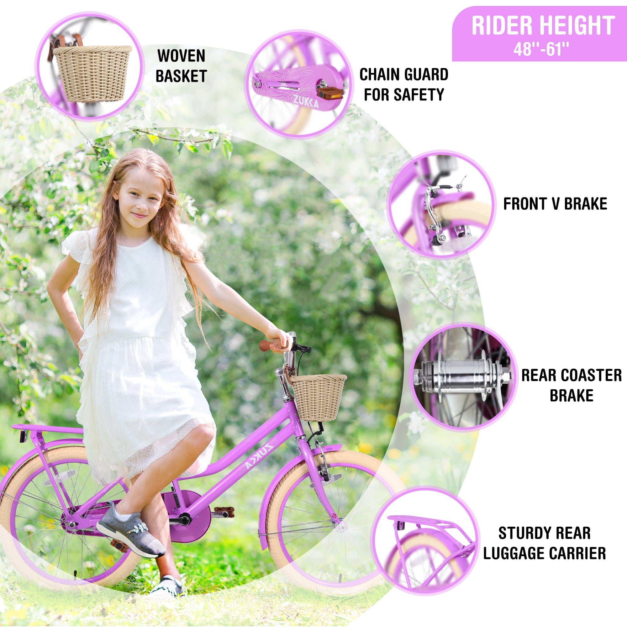 Gundir 20 inch Bicycles with Basket V-Brakes for Girls Adult Women,No Training Wheels Included, Purple