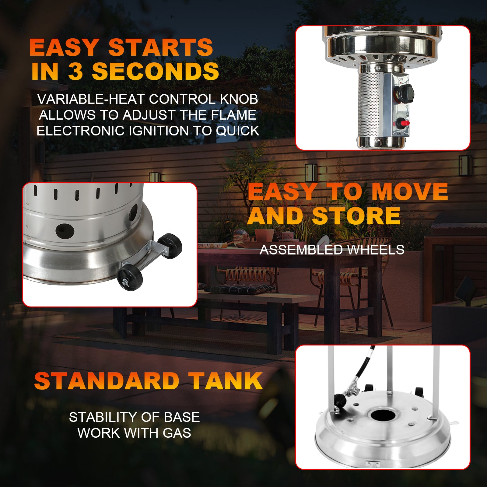 Gundir 48,000 BTU Propane Patio Heater with Wheels & Cover, Stainless Steel, Triple Protection for Outdoor Commercial Residential Use