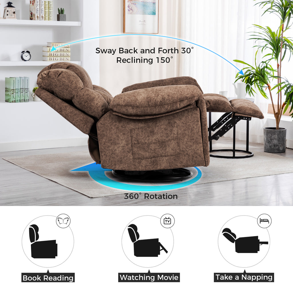 Gundir Massage Recliner Chair with Heat, Swivel Rocking Recliner, 360° Swivel, 8-Point Massage & Lumbar Heating, USB Charging, Brown