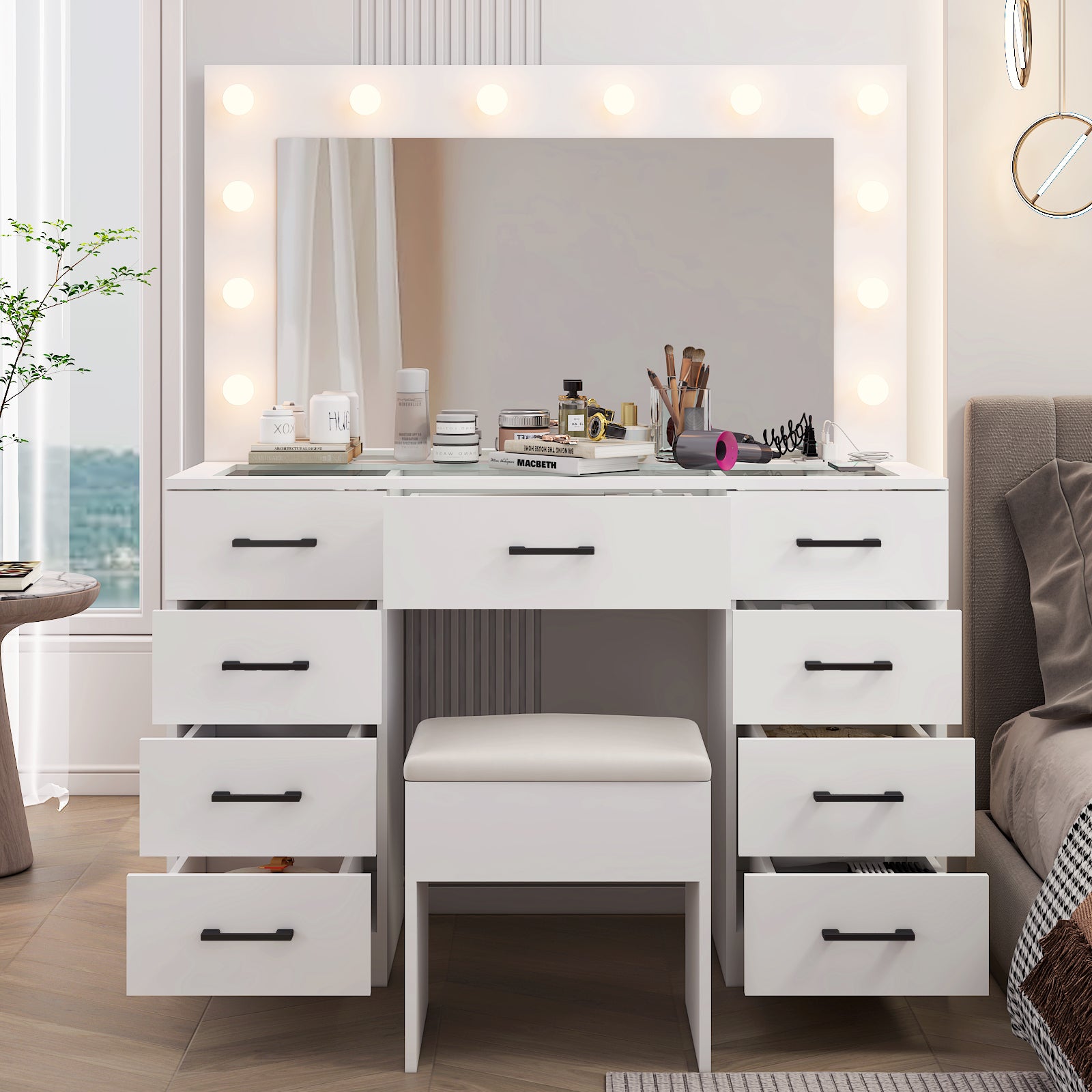 Gundir Vanity Desk Set with Large Lighted Mirror and Powre Outlet, Makeup Vanity with 9 Drawers, 12 LED Lights Vanity Table, 3 Color Lighting Adjustable