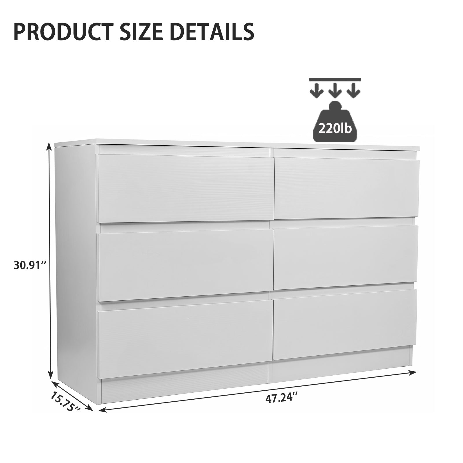 Gundir 6 Drawer White Dresser, Modern Wood Storage Cabinet with Spacious Countertop & Concealed Handles, for Bedroom, Living Room, Entryway, MDF, 47.2" W x 15.7" D x 30.9" H