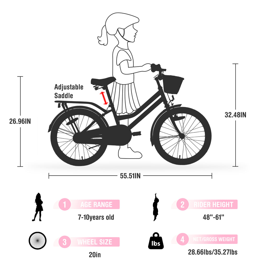 Gundir 20 inch Girls Bike with Basket for Women,No Training Wheels Included, Pink