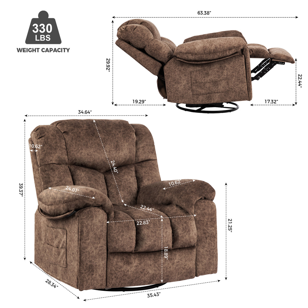 Gundir Massage Recliner Chair with Heat, Swivel Rocking Recliner, 360° Swivel, 8-Point Massage & Lumbar Heating, USB Charging, Brown