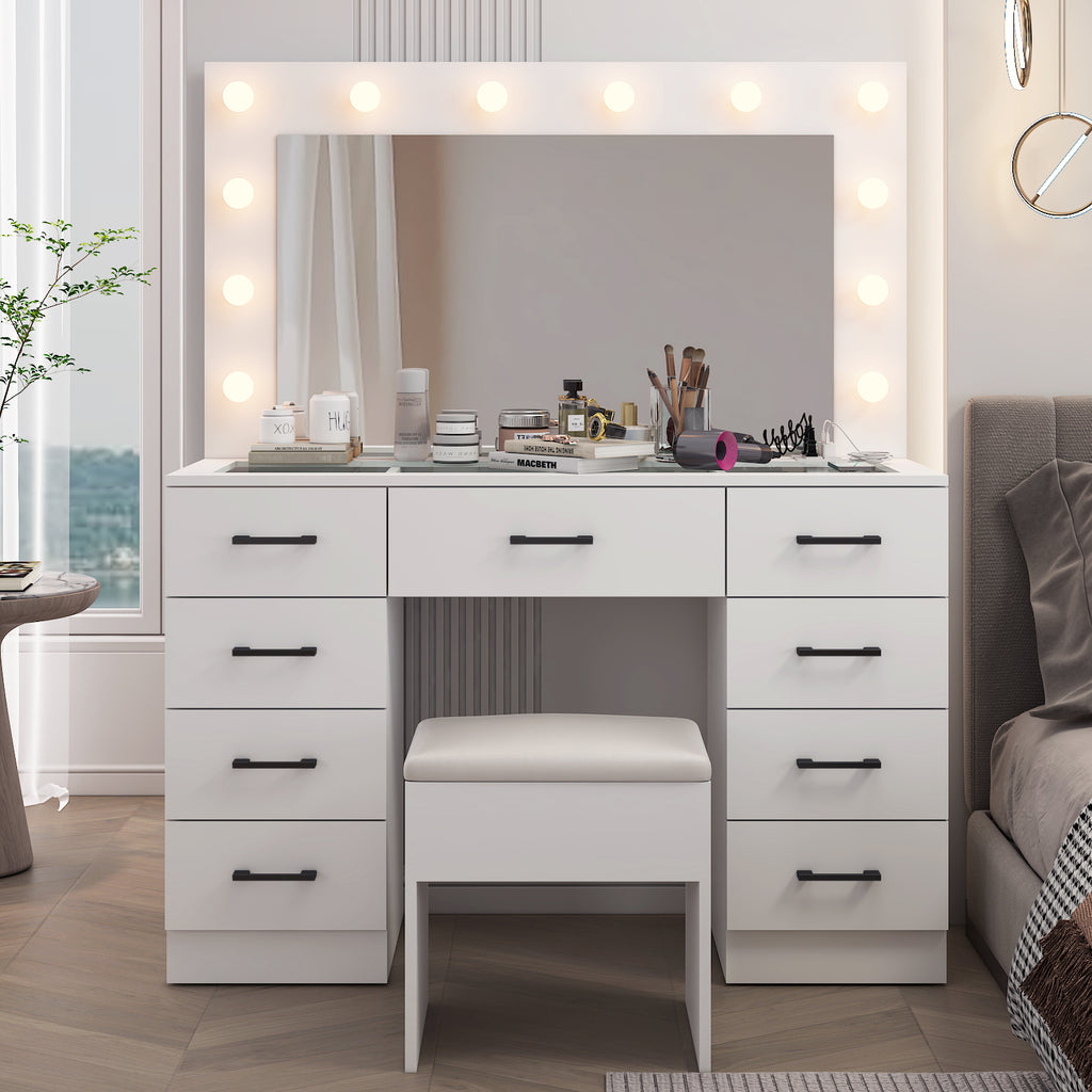 Gundir Vanity Desk Set with Large Lighted Mirror and Powre Outlet, Makeup Vanity with 9 Drawers, 12 LED Lights Vanity Table, 3 Color Lighting Adjustable