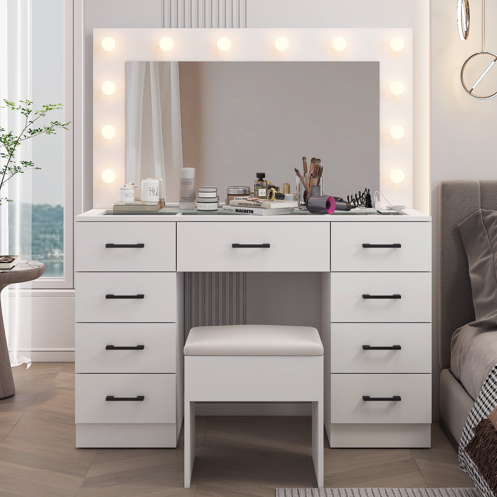 Gundir Vanity Desk Set with Large Lighted Mirror and Powre Outlet, Makeup Vanity with 9 Drawers, 12 LED Lights Vanity Table, 3 Color Lighting Adjustable