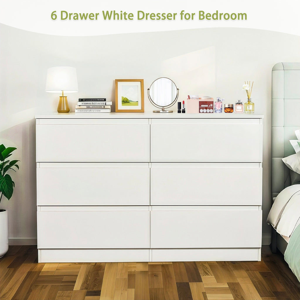 Gundir 6 Drawer White Dresser, Modern Wood Storage Cabinet with Spacious Countertop & Concealed Handles, for Bedroom, Living Room, Entryway, MDF, 47.2" W x 15.7" D x 30.9" H