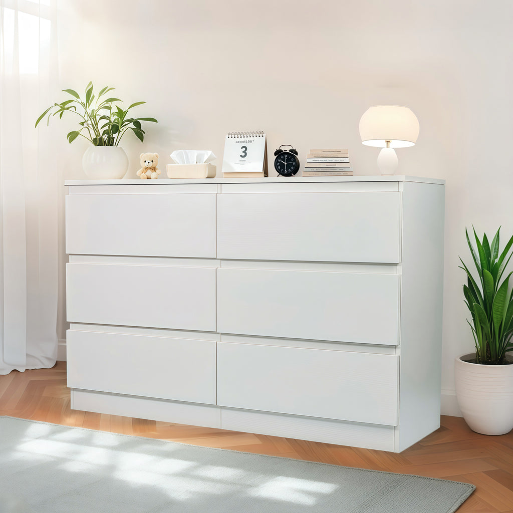 Gundir 6 Drawer White Dresser, Modern Wood Storage Cabinet with Spacious Countertop & Concealed Handles, for Bedroom, Living Room, Entryway, MDF, 47.2" W x 15.7" D x 30.9" H