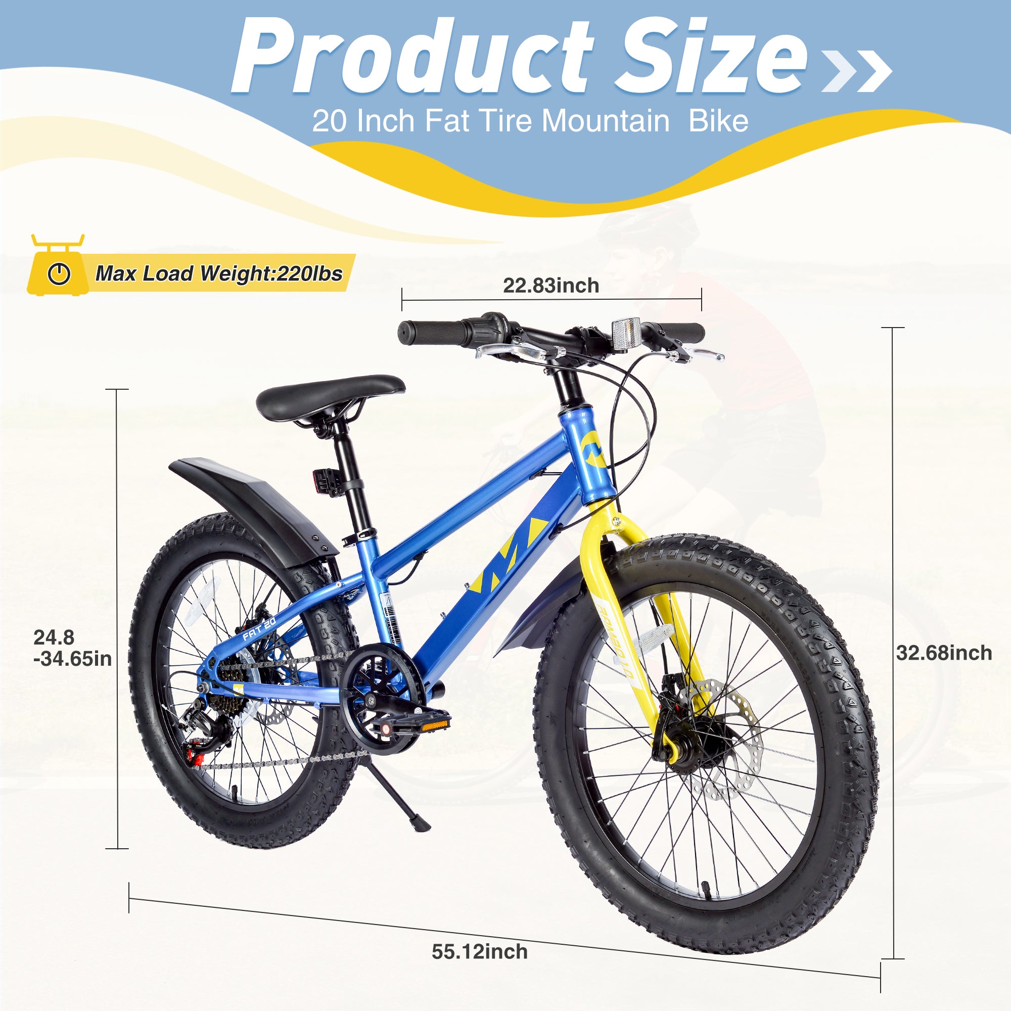 Gundir 20 Inch Kids Mountain Bike with Fat Tires, Shimano 7-Speed & Disc Brakes for Boys Girls 5+, Blue