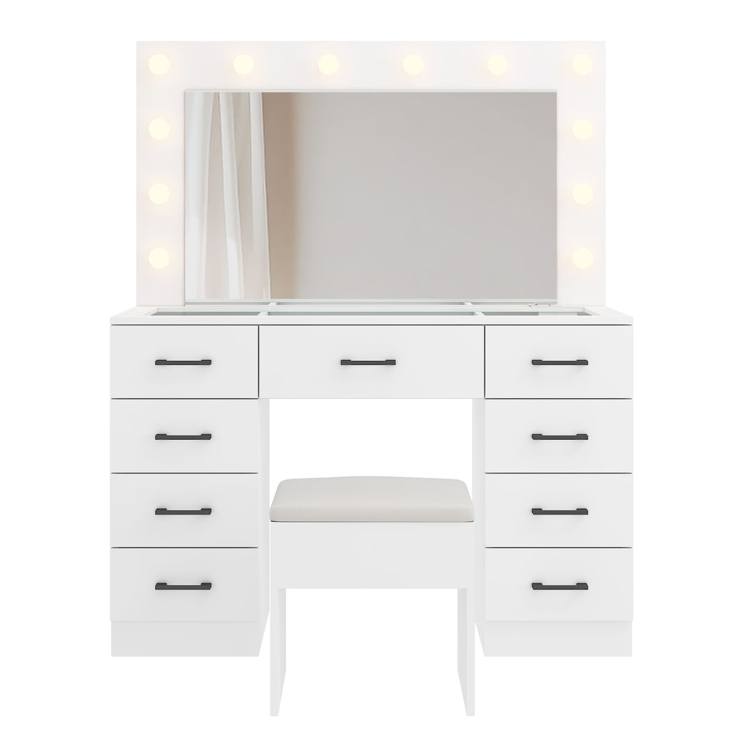 Gundir Vanity Desk Set with Large Lighted Mirror and Powre Outlet, Makeup Vanity with 9 Drawers, 12 LED Lights Vanity Table, 3 Color Lighting Adjustable