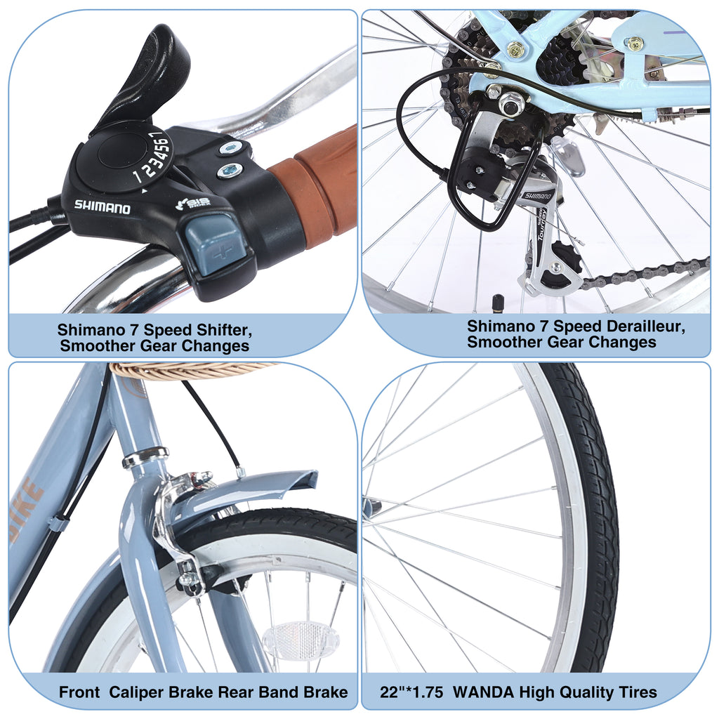 Gundir 22 Inch Girls 7-Speed City Bike with Basket, 22" Wheels Steel Frame for Leisure Commuting, 1 Count