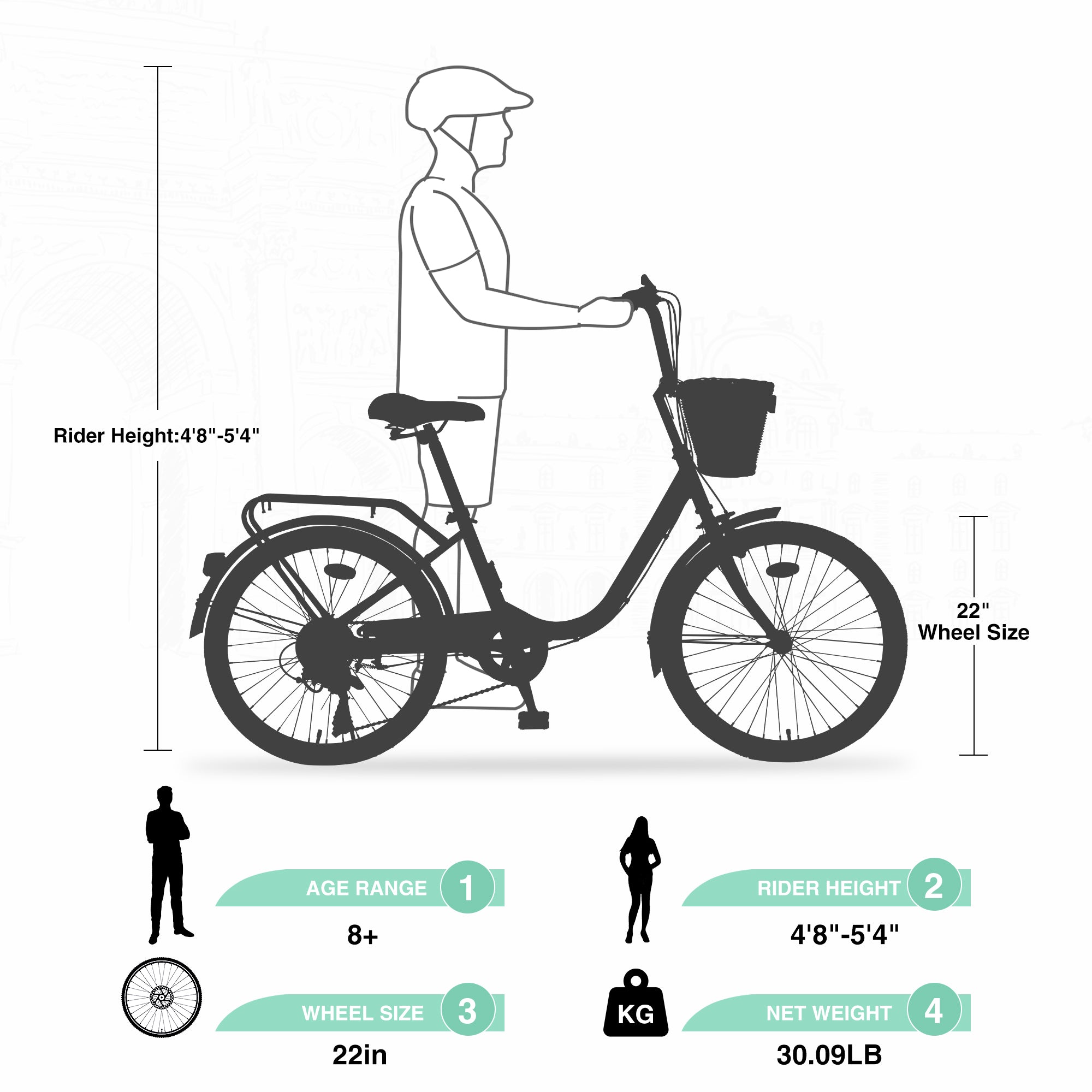 Gundir 22 Inch Girls City Bike with Basket, 7-Speed Steel Frame, Green