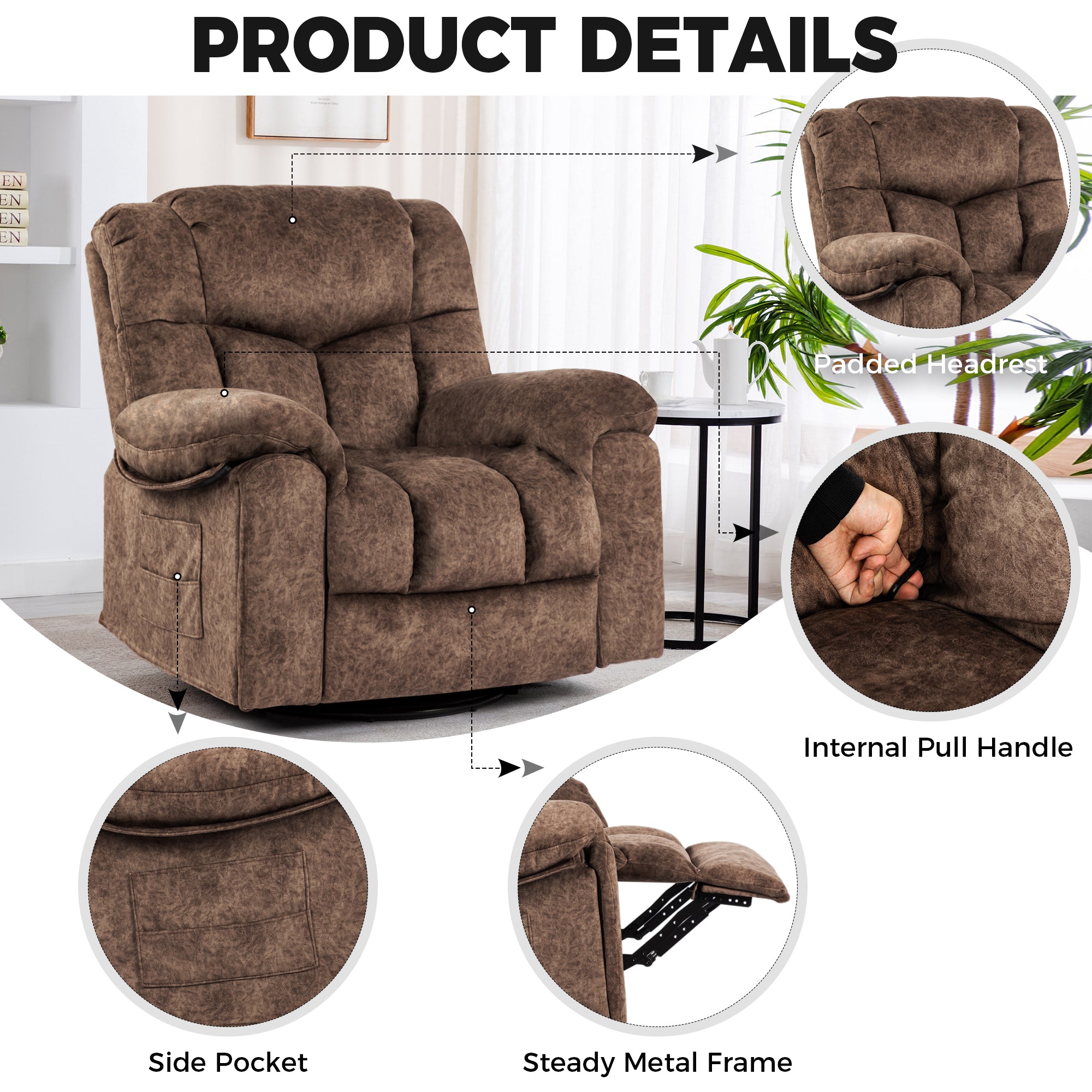 Gundir Massage Recliner Chair with Heat, Swivel Rocking Recliner, 360° Swivel, 8-Point Massage & Lumbar Heating, USB Charging, Brown