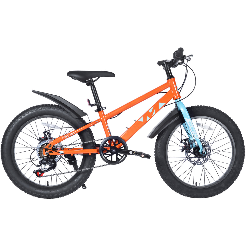 Gundir 20 Inch Kids Mountain Bike with Fat Tires, Shimano 7-Speed & Disc Brakes for Boys Girls 5+, Orange