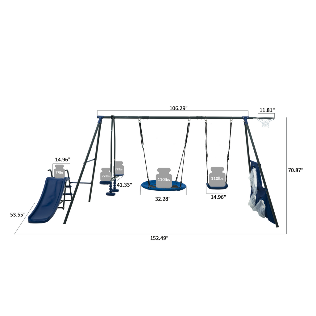 Gundir 6-Function Swing Set with Saucer Swing & Slide, Outdoor Metal/Plastic Playset for Kids 3+, 440lbs Capacity, Blue