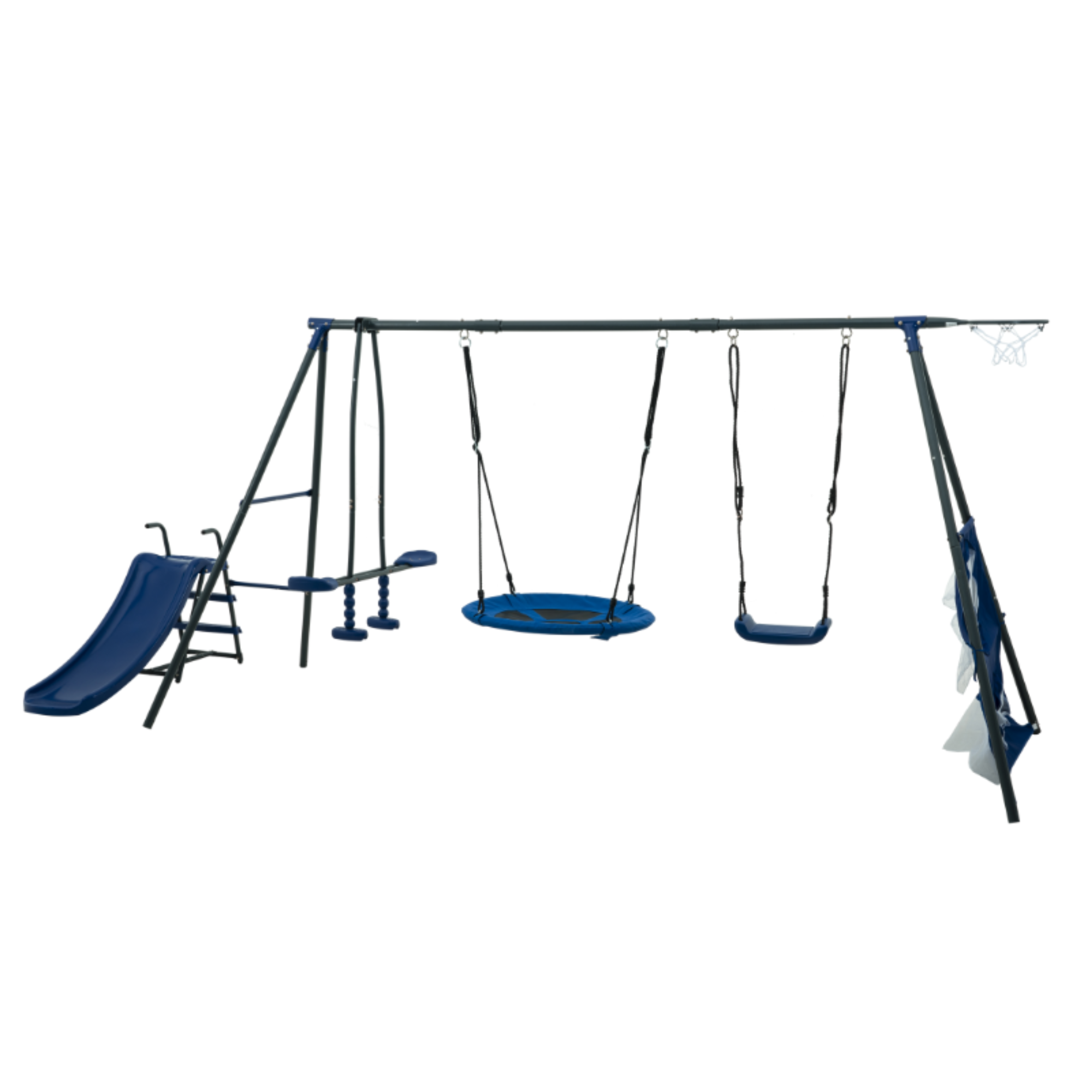 Gundir 6-Function Swing Set with Saucer Swing & Slide, Outdoor Metal/Plastic Playset for Kids 3+, 440lbs Capacity, Blue