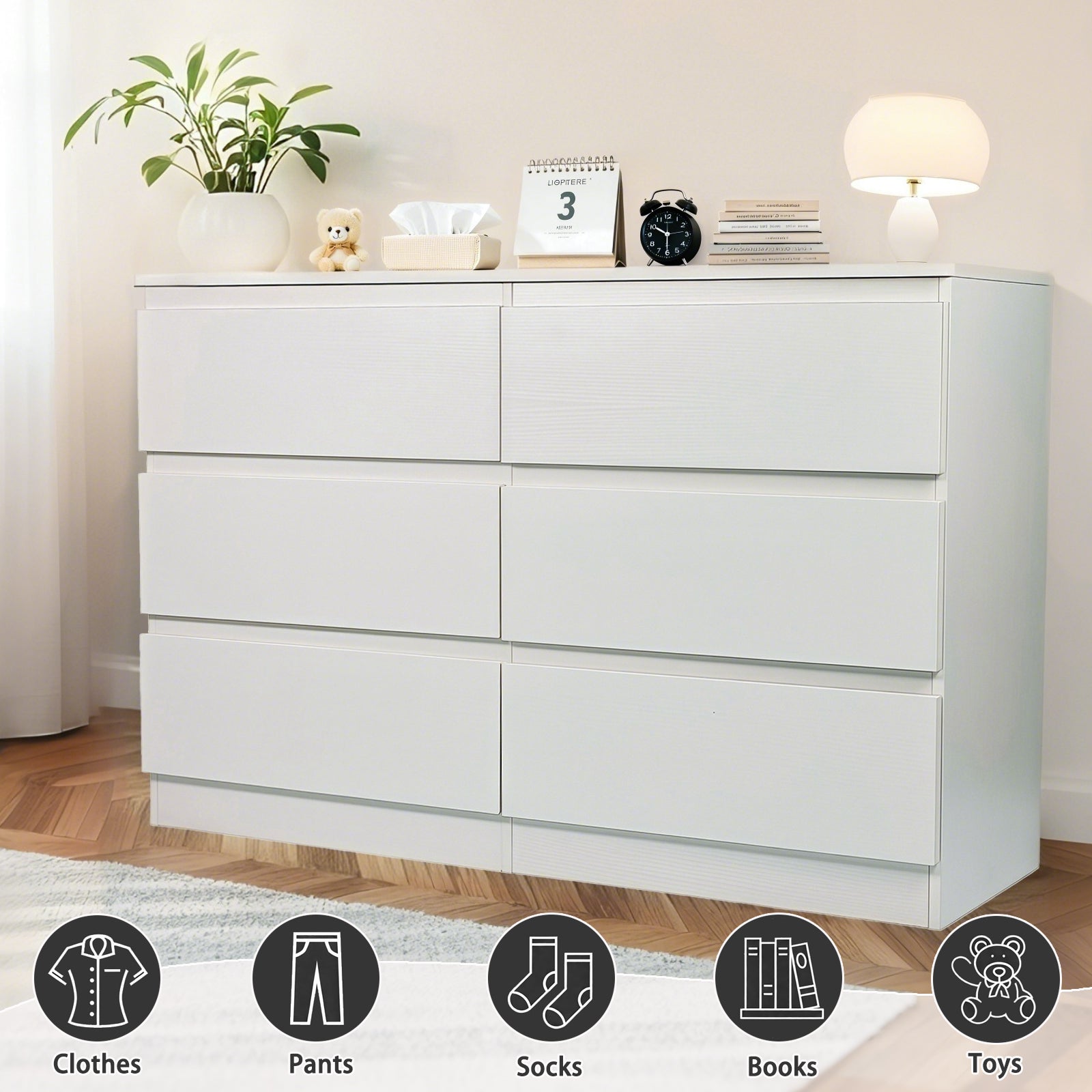 Gundir 6 Drawer White Dresser, Modern Wood Storage Cabinet with Spacious Countertop & Concealed Handles, for Bedroom, Living Room, Entryway, MDF, 47.2" W x 15.7" D x 30.9" H