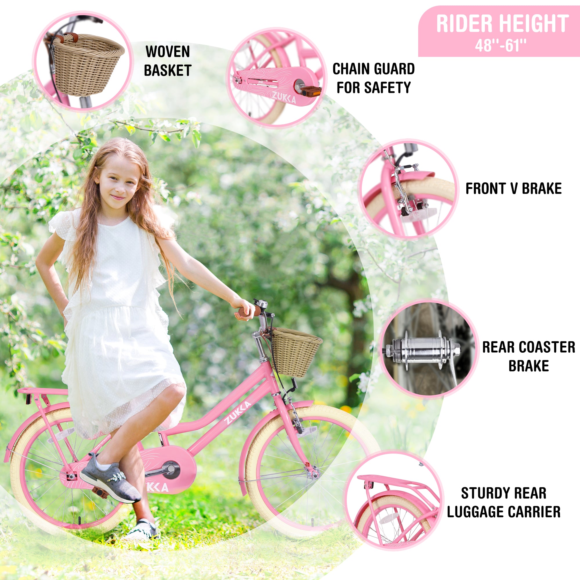 Gundir 20 inch Girls Bike with Basket for Women,No Training Wheels Included, Pink