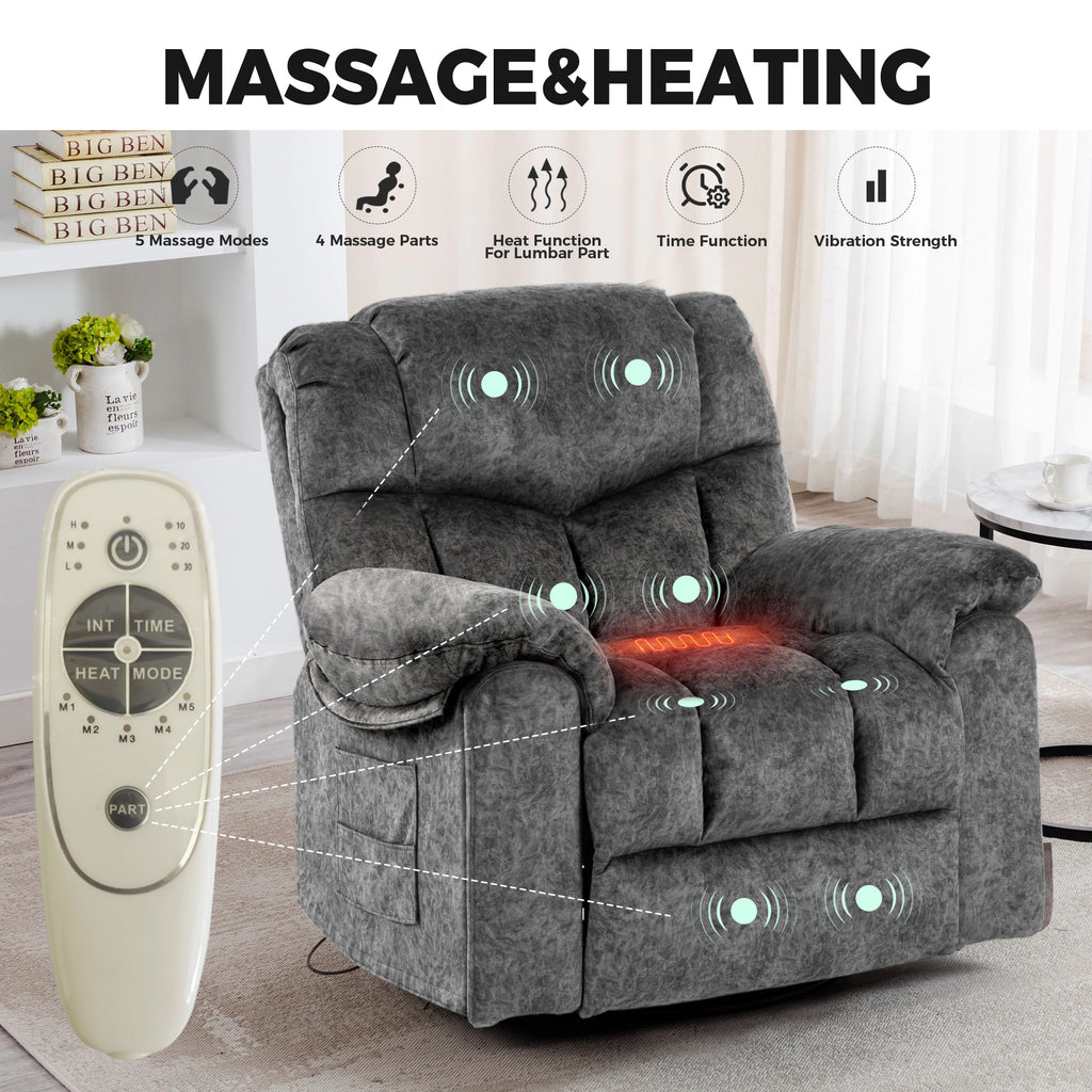 Gundir Massage Recliner Chair with Heat, Swivel Rocking Recliner, 360° Swivel, 8-Point Massage & Lumbar Heating, USB Charging, Grey