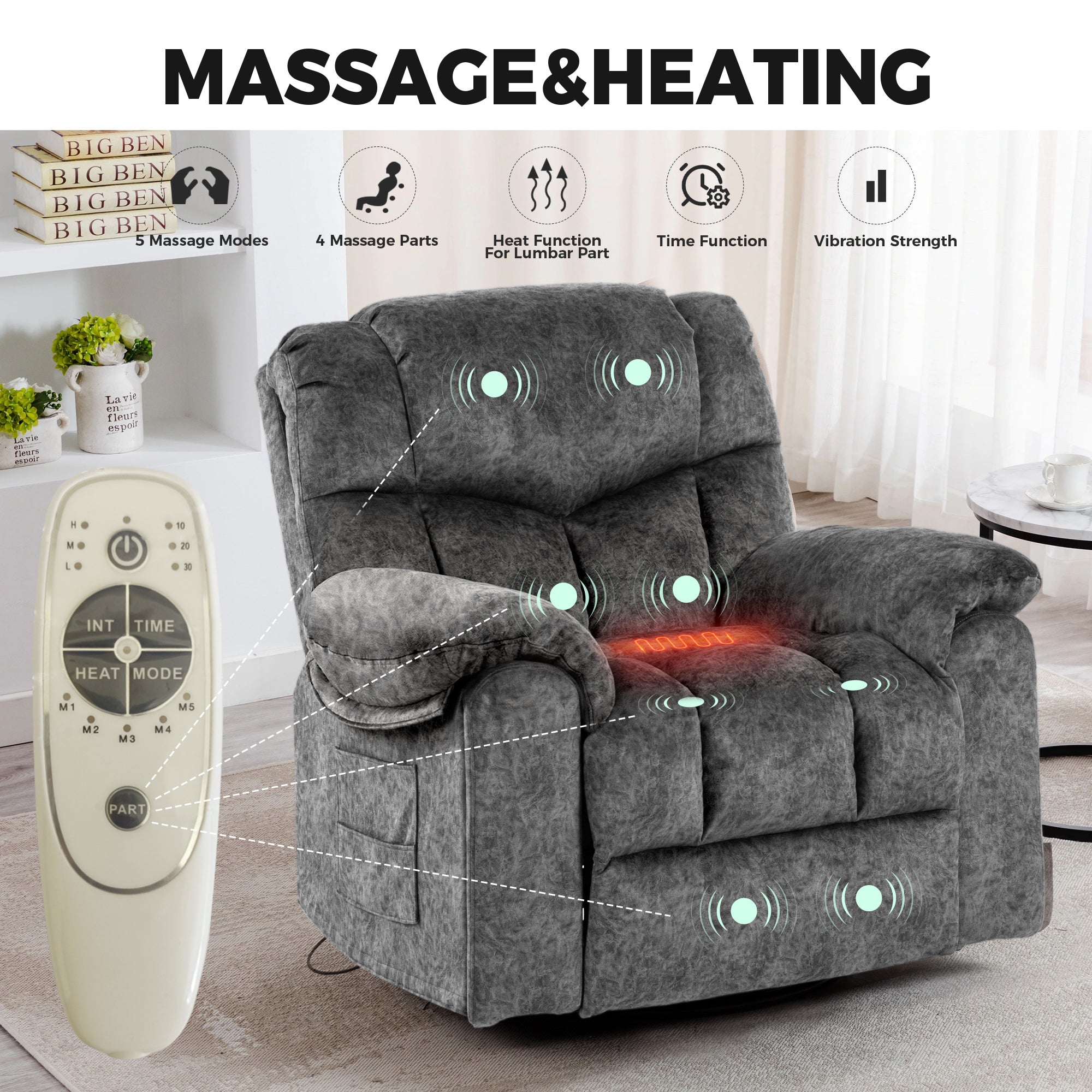 Gundir Massage Recliner Chair with Heat, Swivel Rocking Recliner, 360° Swivel, 8-Point Massage & Lumbar Heating, USB Charging, Grey