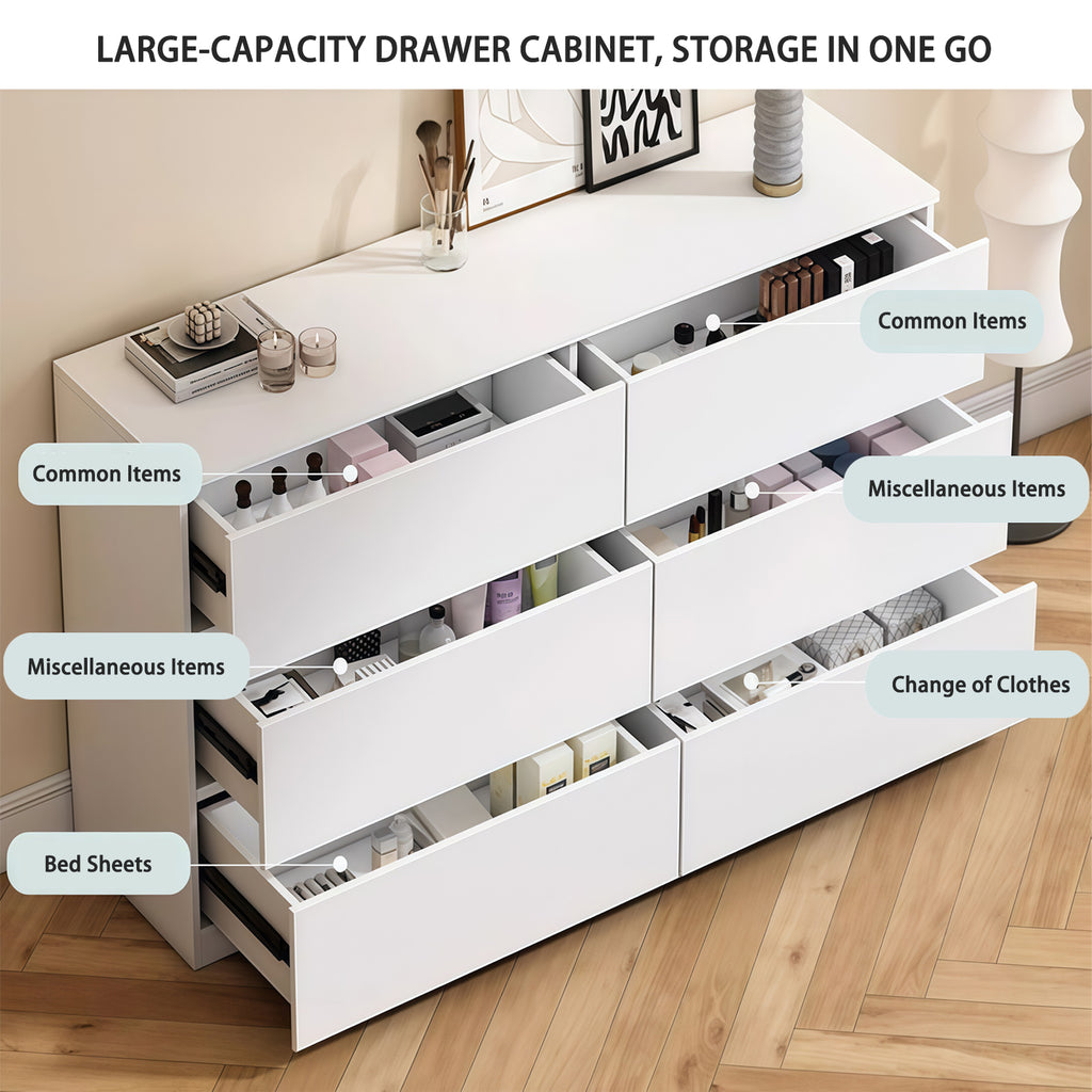 Gundir 6 Drawer White Dresser, Modern Wood Storage Cabinet with Spacious Countertop & Concealed Handles, for Bedroom, Living Room, Entryway, MDF, 47.2" W x 15.7" D x 30.9" H