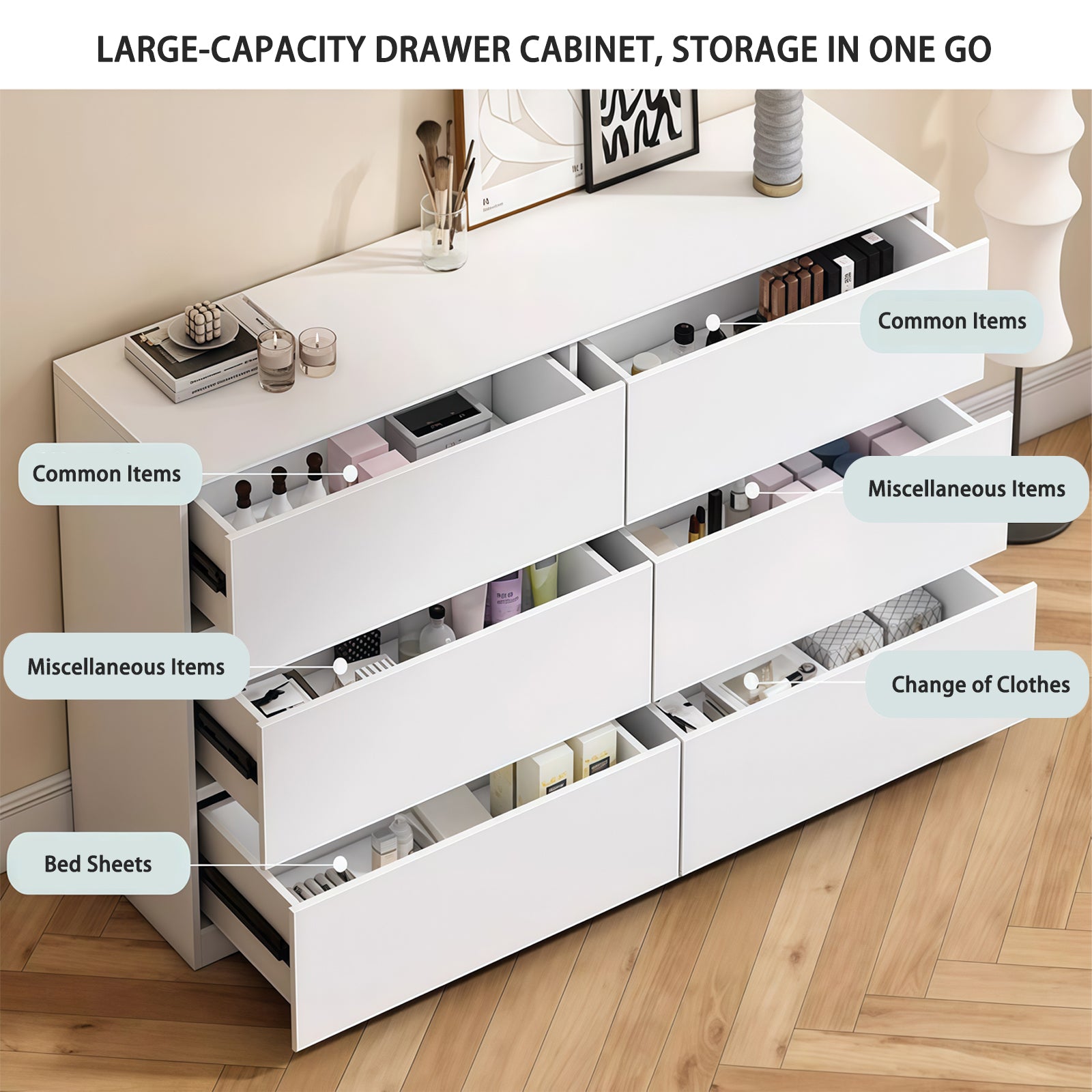 Gundir 6 Drawer White Dresser, Modern Wood Storage Cabinet with Spacious Countertop & Concealed Handles, for Bedroom, Living Room, Entryway, MDF, 47.2" W x 15.7" D x 30.9" H