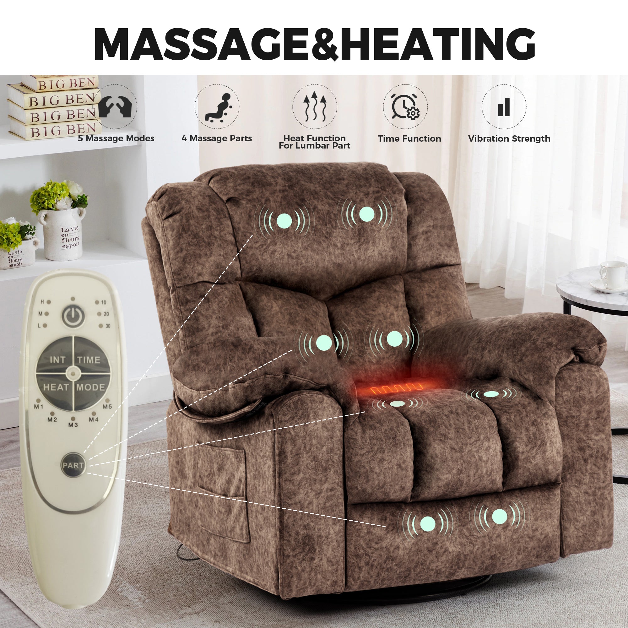 Gundir Massage Recliner Chair with Heat, Swivel Rocking Recliner, 360° Swivel, 8-Point Massage & Lumbar Heating, USB Charging, Brown