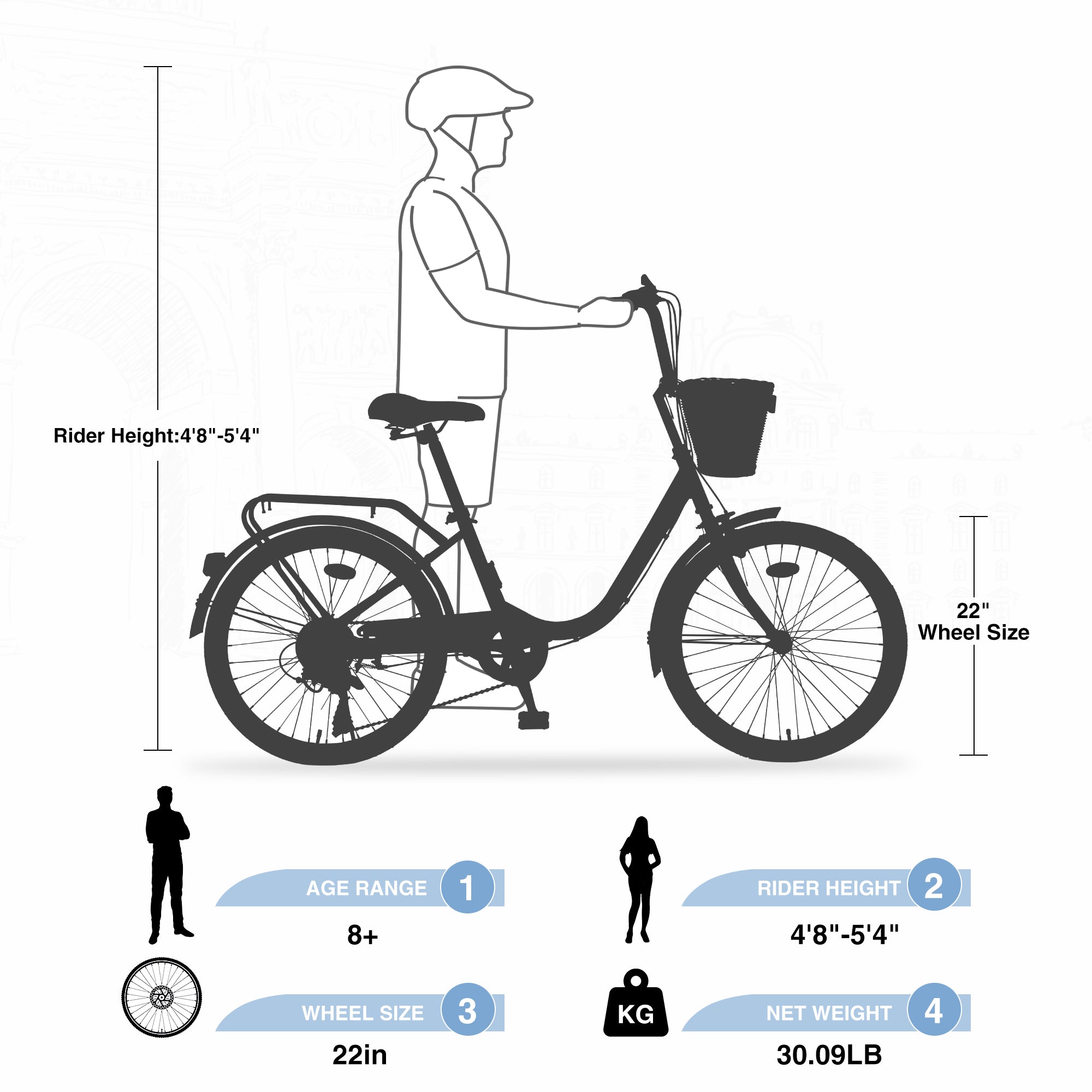 Gundir 22 Inch Girls 7-Speed City Bike with Basket, 22" Wheels Steel Frame for Leisure Commuting, 1 Count