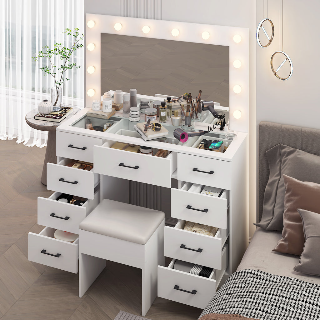 Gundir Vanity Desk Set with Large Lighted Mirror and Powre Outlet, Makeup Vanity with 9 Drawers, 12 LED Lights Vanity Table, 3 Color Lighting Adjustable