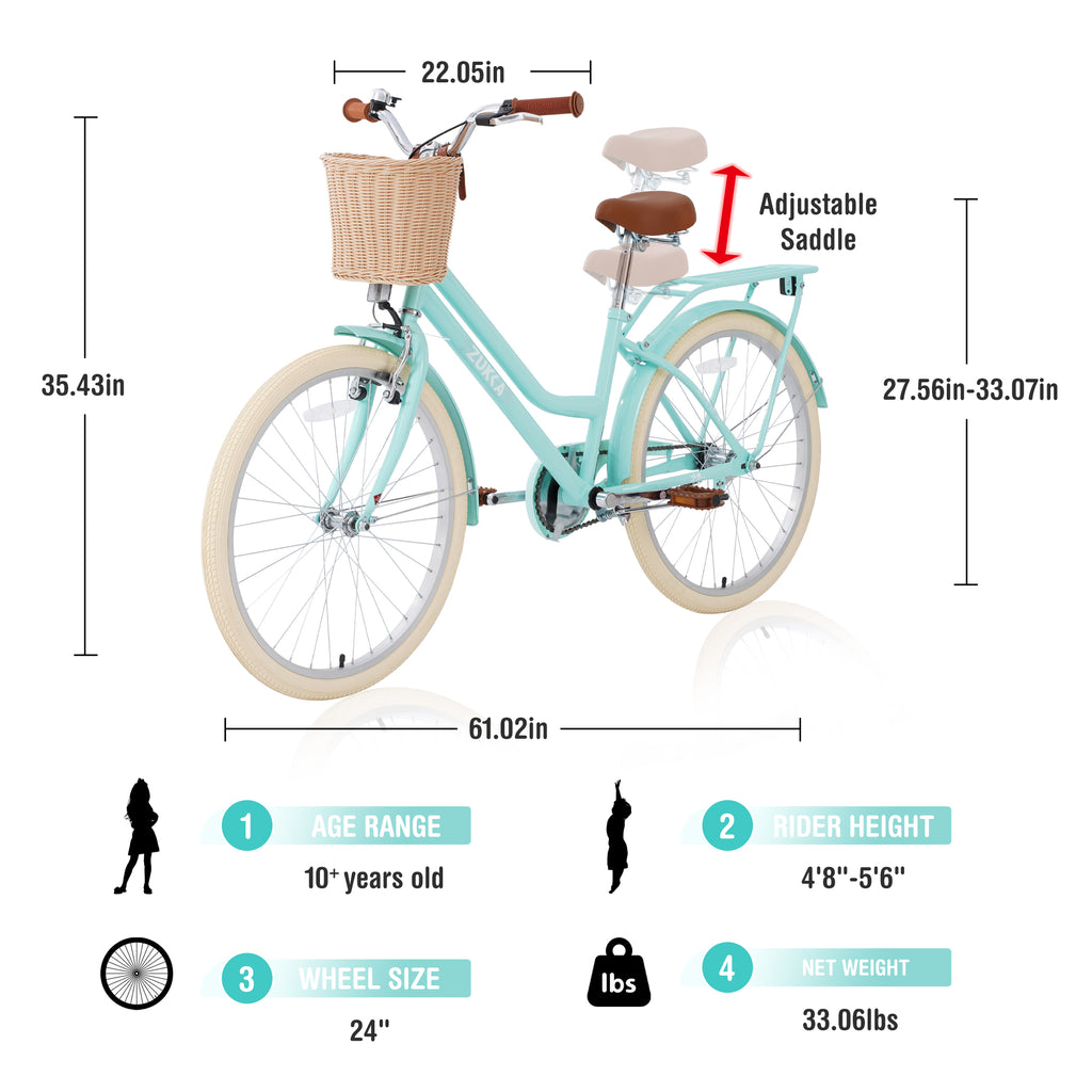 Gundir Girls Bike 24 Inch Steel Frame Multiple Colors Comfort and Fashion for 10+ Years Old, 1 Pack Green