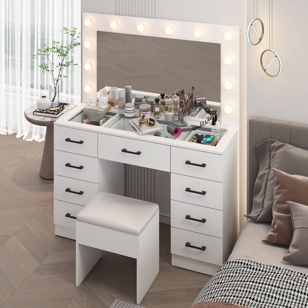 Gundir Vanity Desk Set with Large Lighted Mirror and Powre Outlet, Makeup Vanity with 9 Drawers, 12 LED Lights Vanity Table, 3 Color Lighting Adjustable