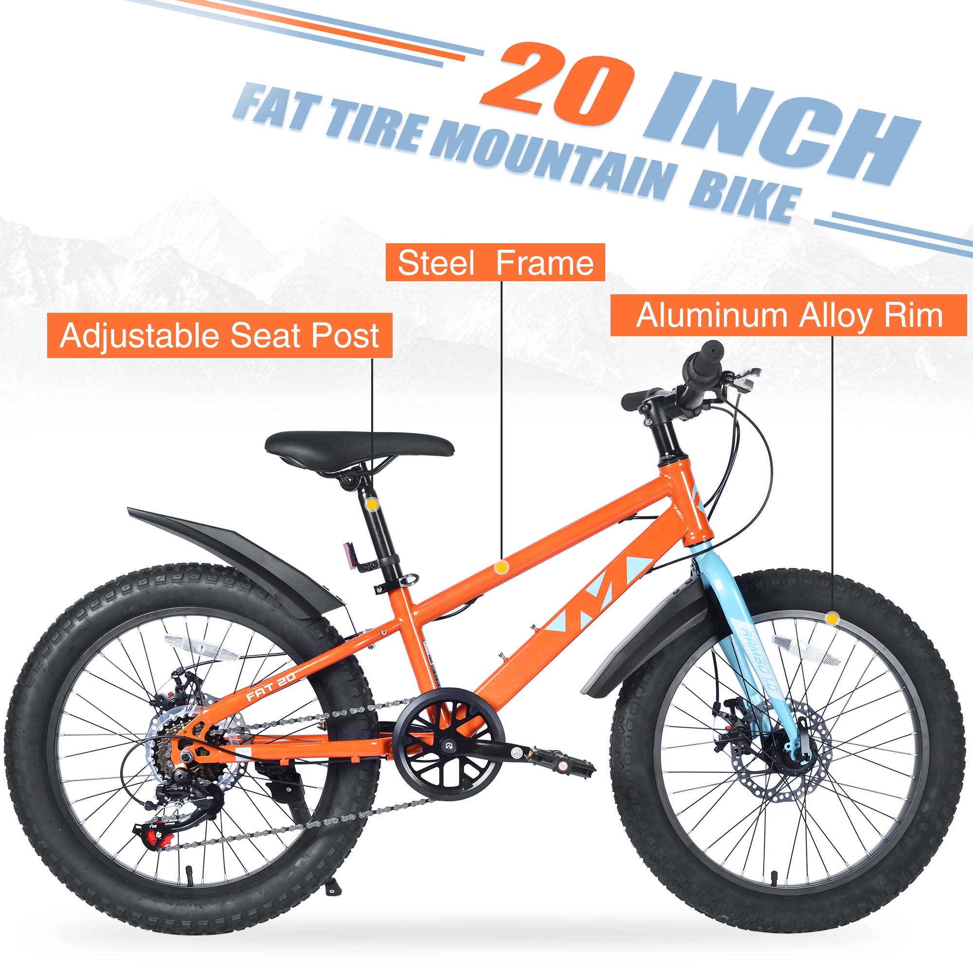Gundir 20 Inch Kids Mountain Bike with Fat Tires, Shimano 7-Speed & Disc Brakes for Boys Girls 5+, Orange