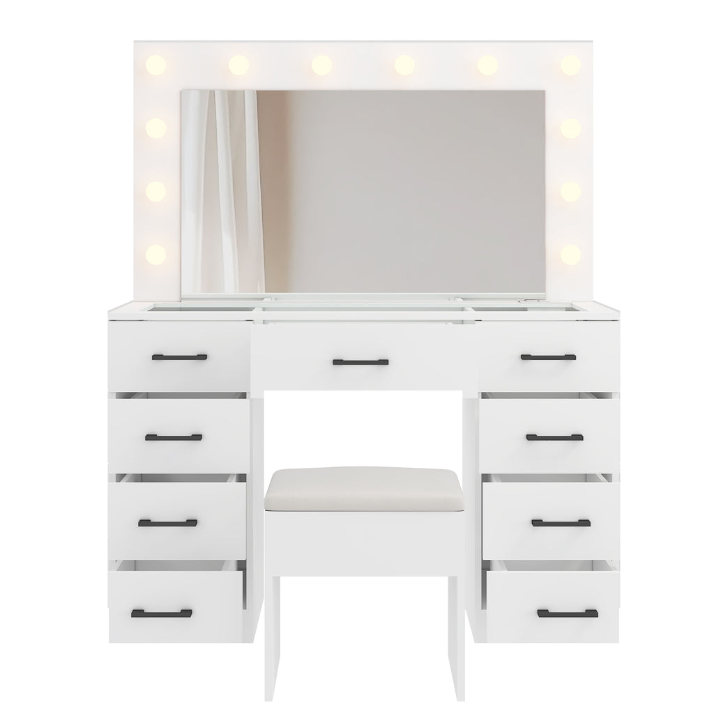Gundir Vanity Desk Set with Large Lighted Mirror and Powre Outlet, Makeup Vanity with 9 Drawers, 12 LED Lights Vanity Table, 3 Color Lighting Adjustable