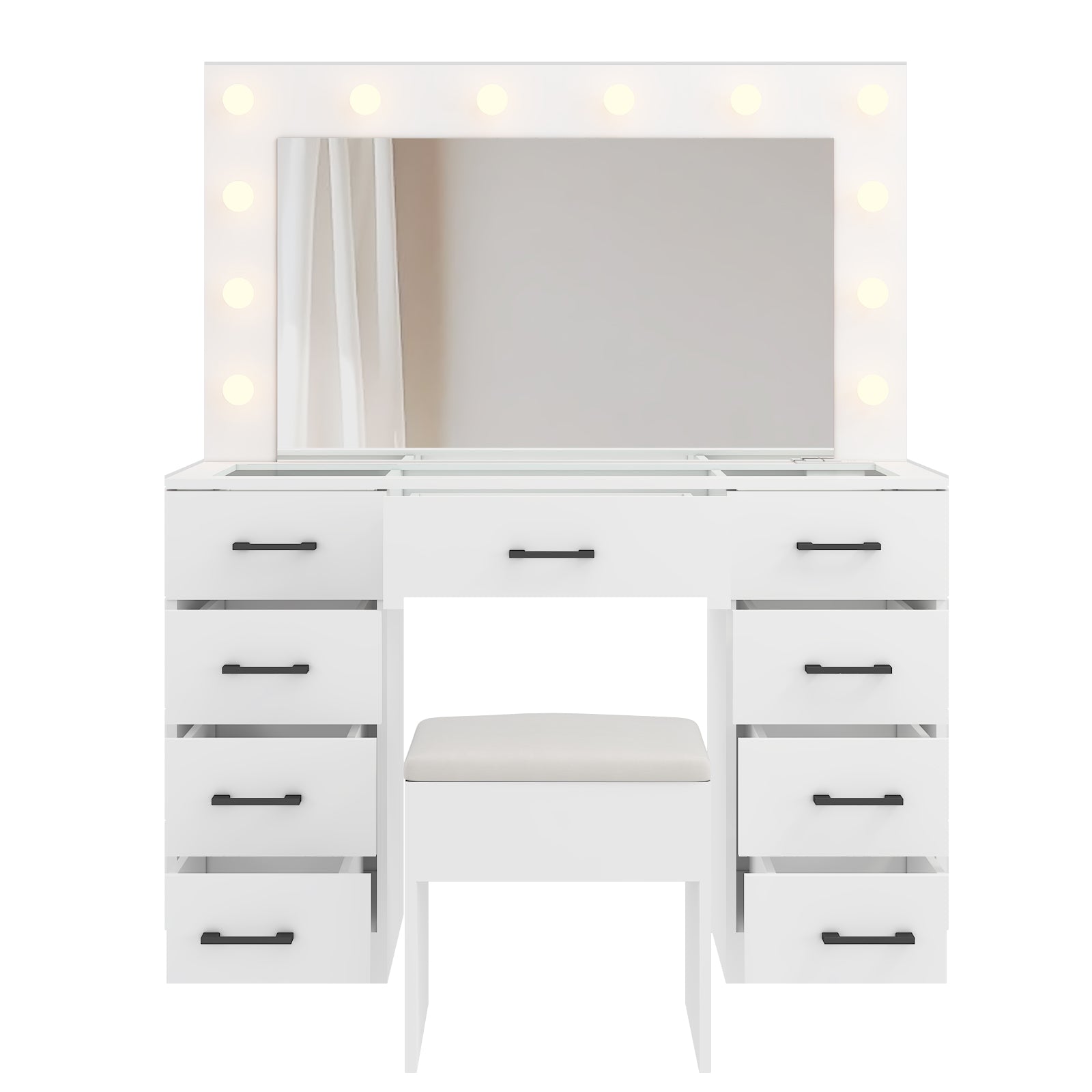 Gundir Vanity Desk Set with Large Lighted Mirror and Powre Outlet, Makeup Vanity with 9 Drawers, 12 LED Lights Vanity Table, 3 Color Lighting Adjustable