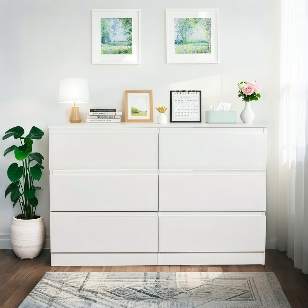 Gundir 6 Drawer White Dresser, Modern Wood Storage Cabinet with Spacious Countertop & Concealed Handles, for Bedroom, Living Room, Entryway, MDF, 47.2" W x 15.7" D x 30.9" H