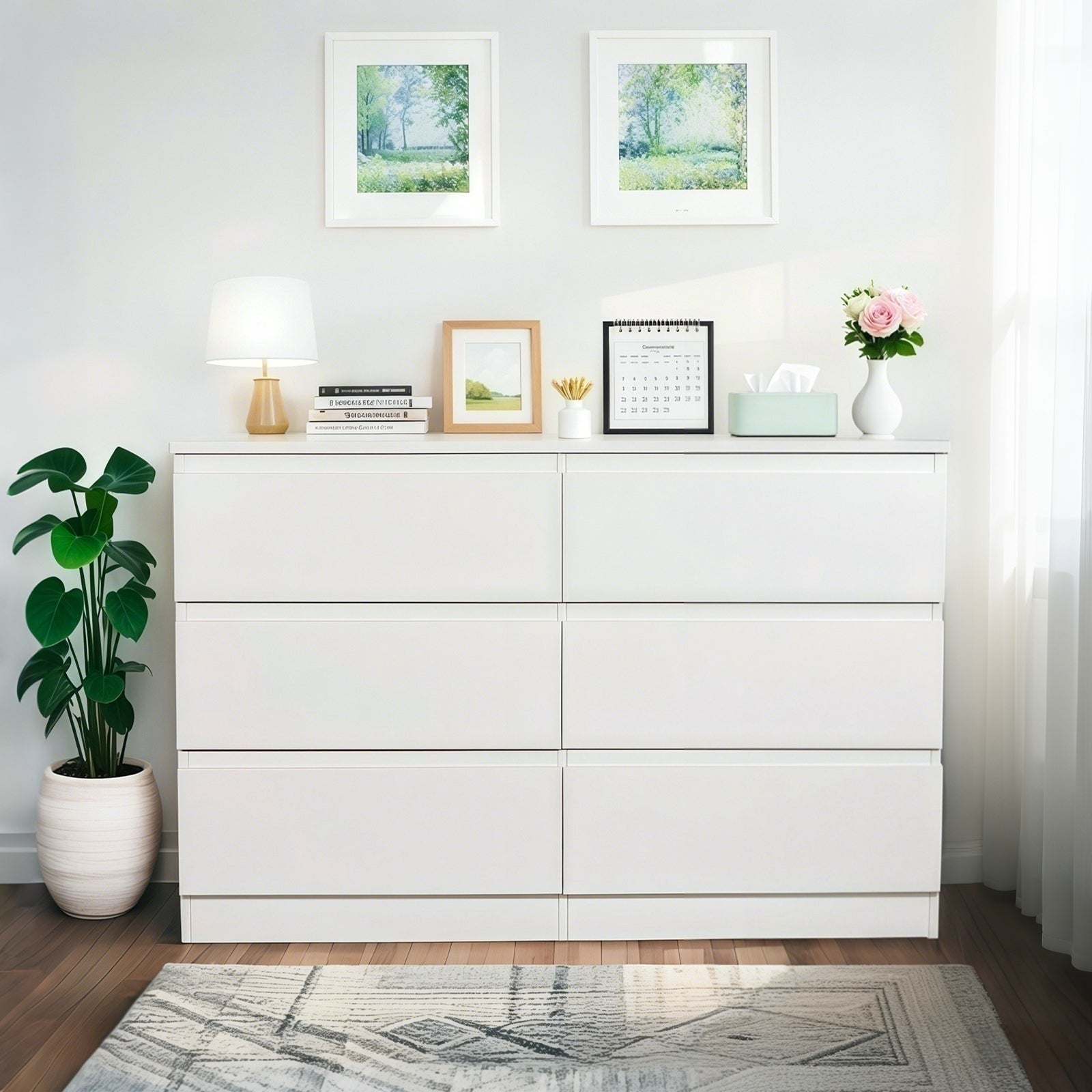 Gundir 6 Drawer White Dresser, Modern Wood Storage Cabinet with Spacious Countertop & Concealed Handles, for Bedroom, Living Room, Entryway, MDF, 47.2" W x 15.7" D x 30.9" H