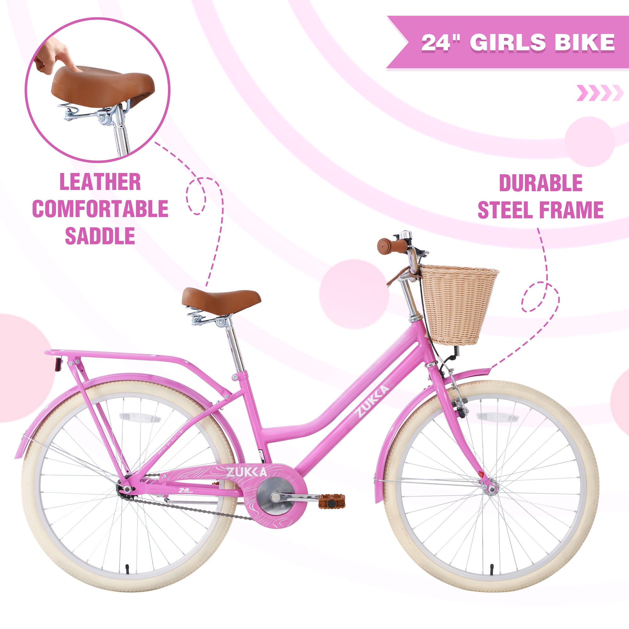 Gundir Girls Bike 24 Inch Steel Frame Multiple Colors Comfort and Fashion for 10+ Years Old, 1 Pack Pink