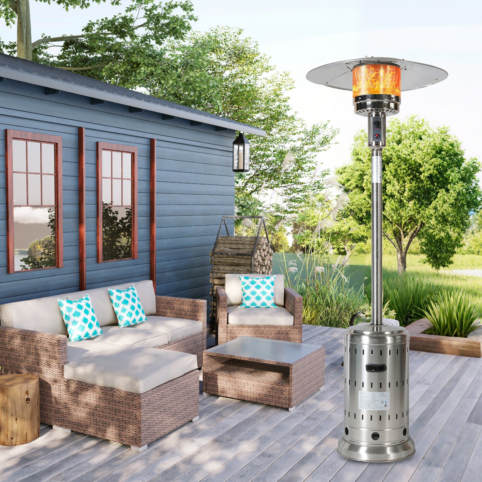 Gundir 48,000 BTU Propane Patio Heater with Wheels & Cover, Stainless Steel, Triple Protection for Outdoor Commercial Residential Use