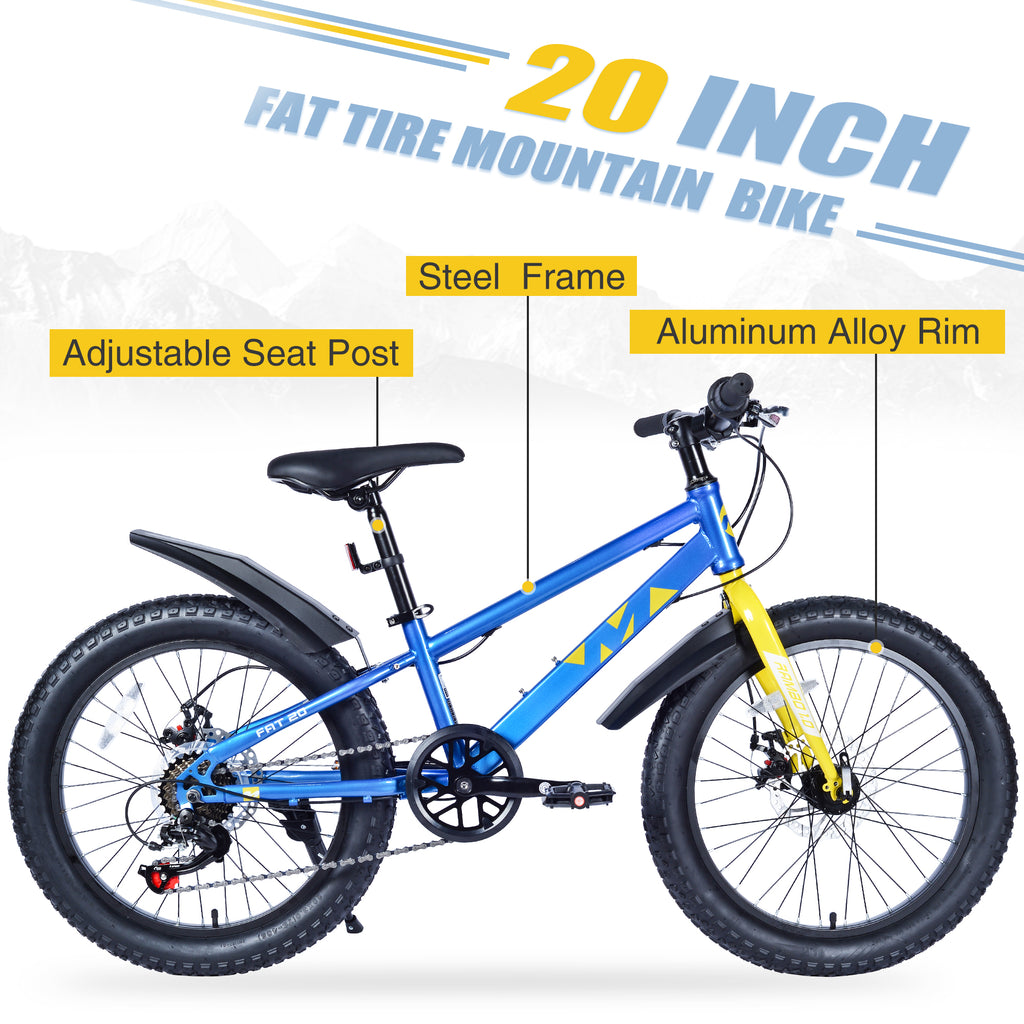 Gundir 20 Inch Kids Mountain Bike with Fat Tires, Shimano 7-Speed & Disc Brakes for Boys Girls 5+, Blue
